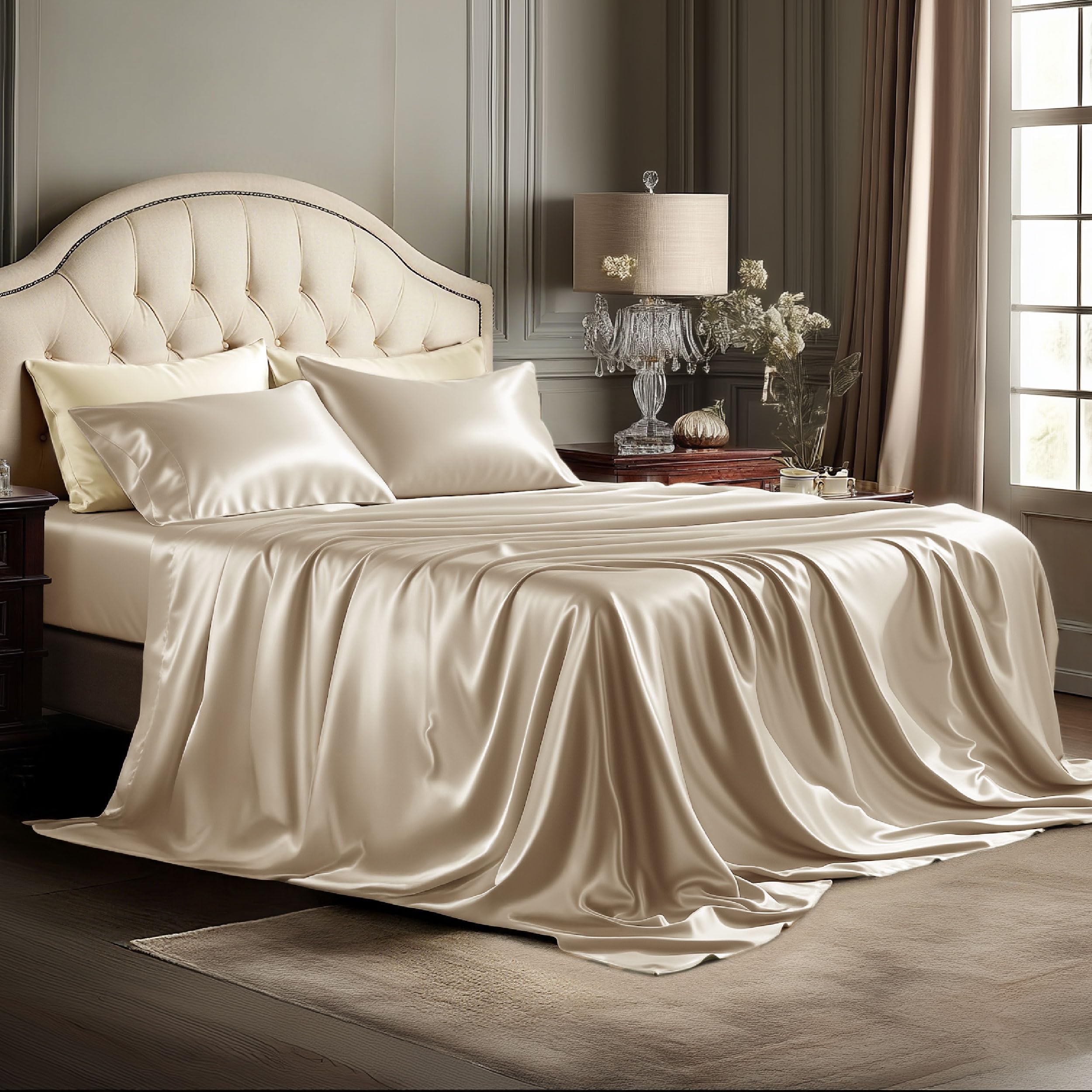 Bedsure Satin Sheets King Size - 4 Piece Silky Bedsheets with 15 Inches Deep Pocket Fitted Bedsheet,1 Flat Sheet, 2 Satin Pillowcases, Good for Hair & Skin (King, Silver Grey)