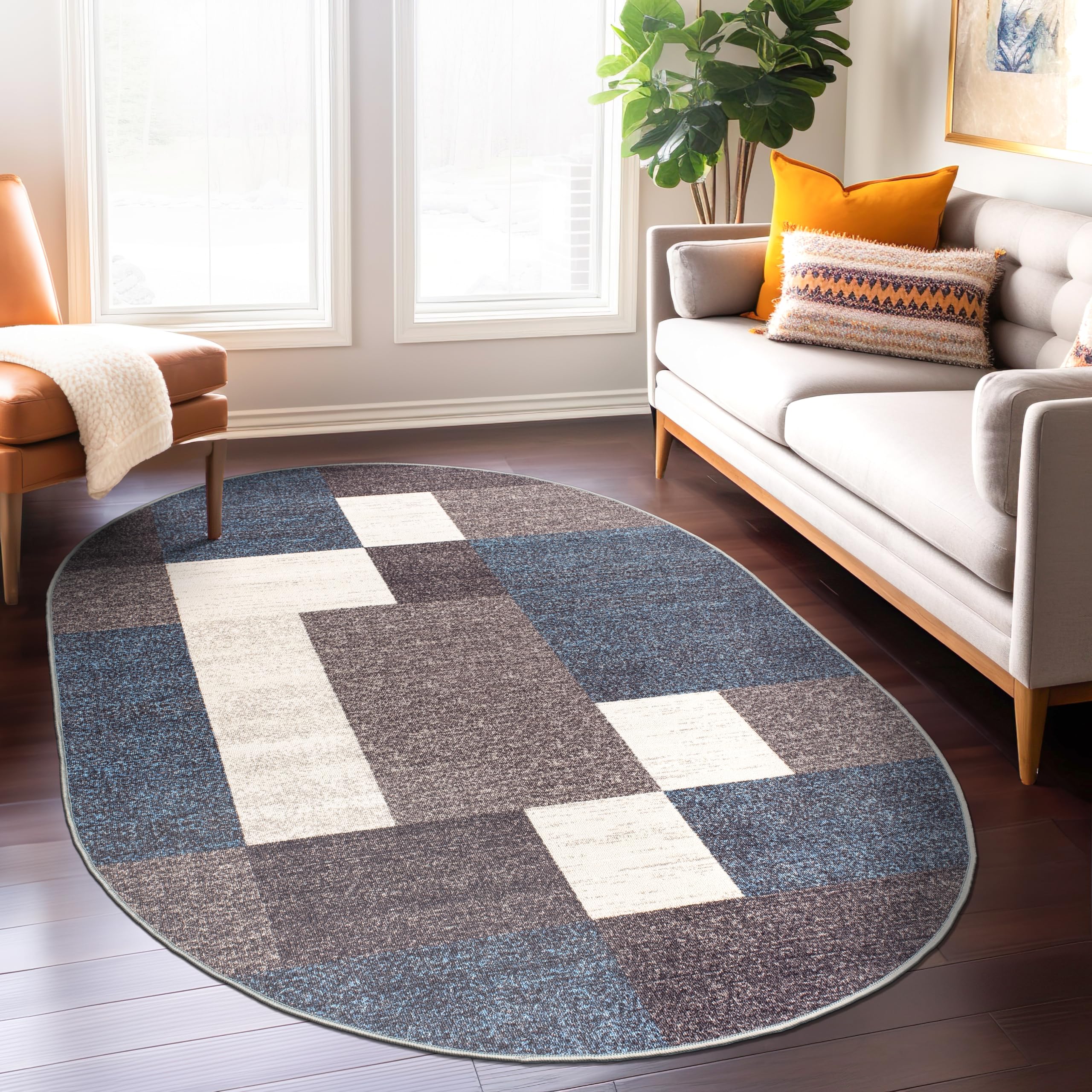 Rugshop Contemporary Blue Geometric Boxes Non-Slip Area Rug Non-Shedding for Living Room, Dining Room and Office, 5'3" x 7'3"