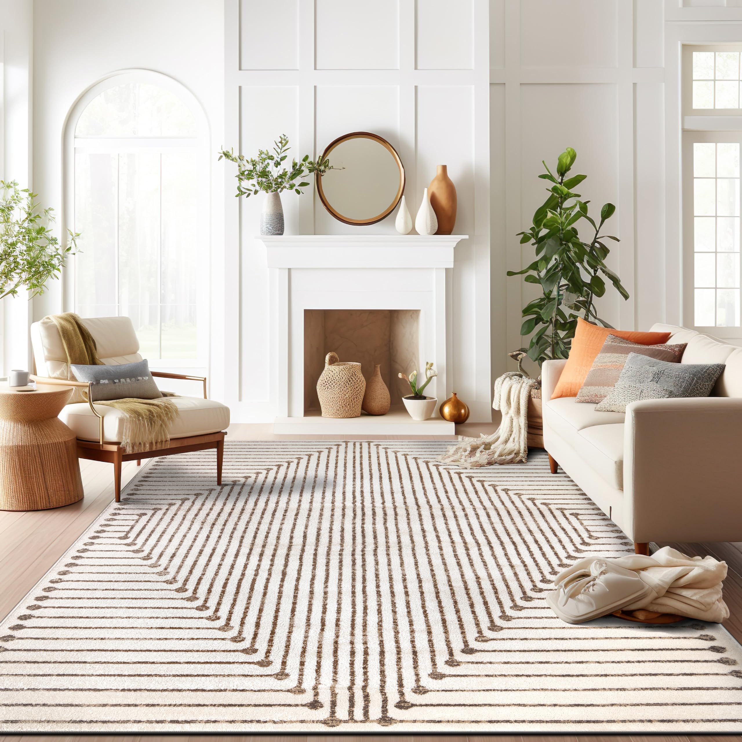 Rugshop Beige and Brown Geometric Area Rug – Soft Abstract Line Pattern Carpet for Living Room, Bedroom, or Office – Contemporary Neutral Decor Accent 5' x 7' Beige