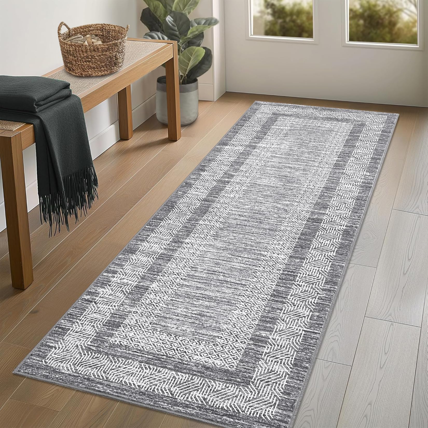 GarveeHome Modern Geometric Area Rug 5x7 Distressed Bordered Rug Washable Non Slip Floor Carpet Non Shedding Thin Rug, Soft Low Pile Rug, Contemporary Brown Rug for Dining Room, Living Room