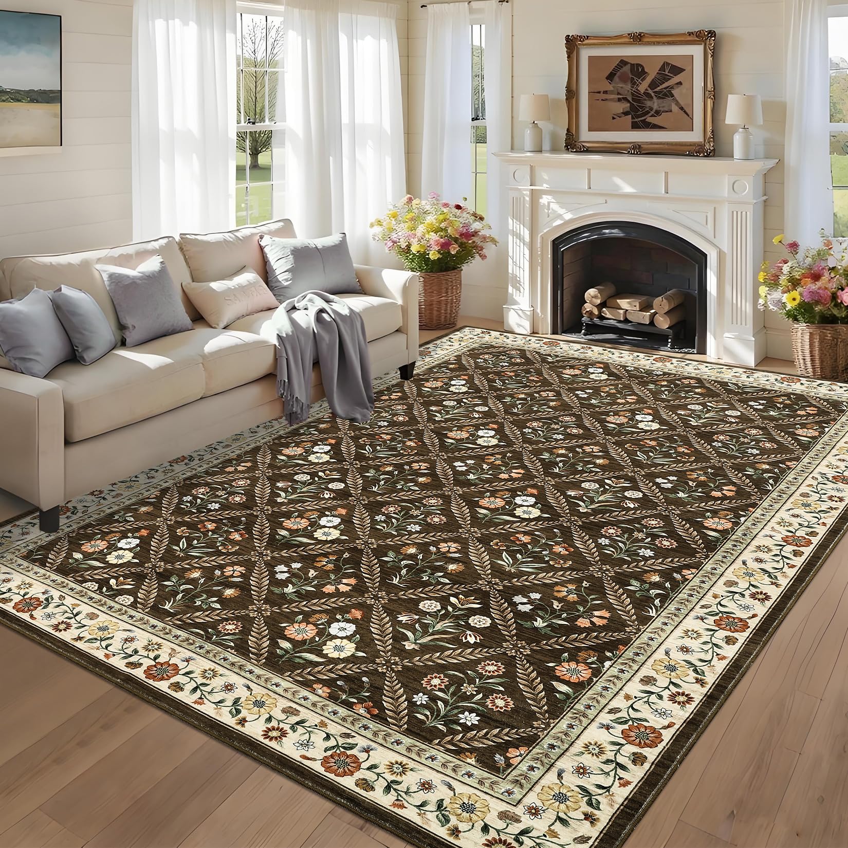 GarveeHome Modern Geometric Area Rug 5x7 Distressed Bordered Rug Washable Non Slip Floor Carpet Non Shedding Thin Rug, Soft Low Pile Rug, Contemporary Brown Rug for Dining Room, Living Room