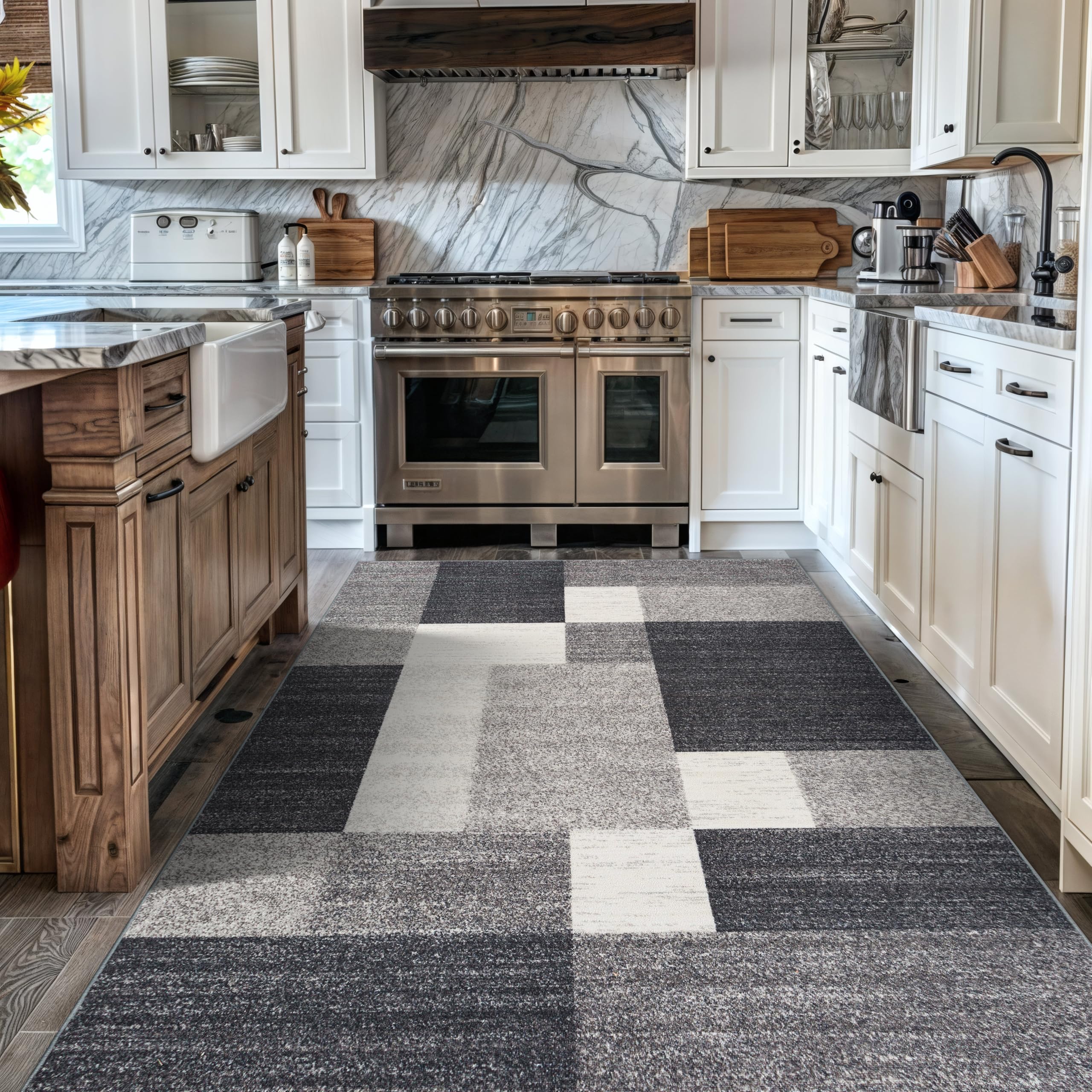 Rugshop Contemporary Blue Geometric Boxes Non-Slip Area Rug Non-Shedding for Living Room, Dining Room and Office, 5'3" x 7'3"