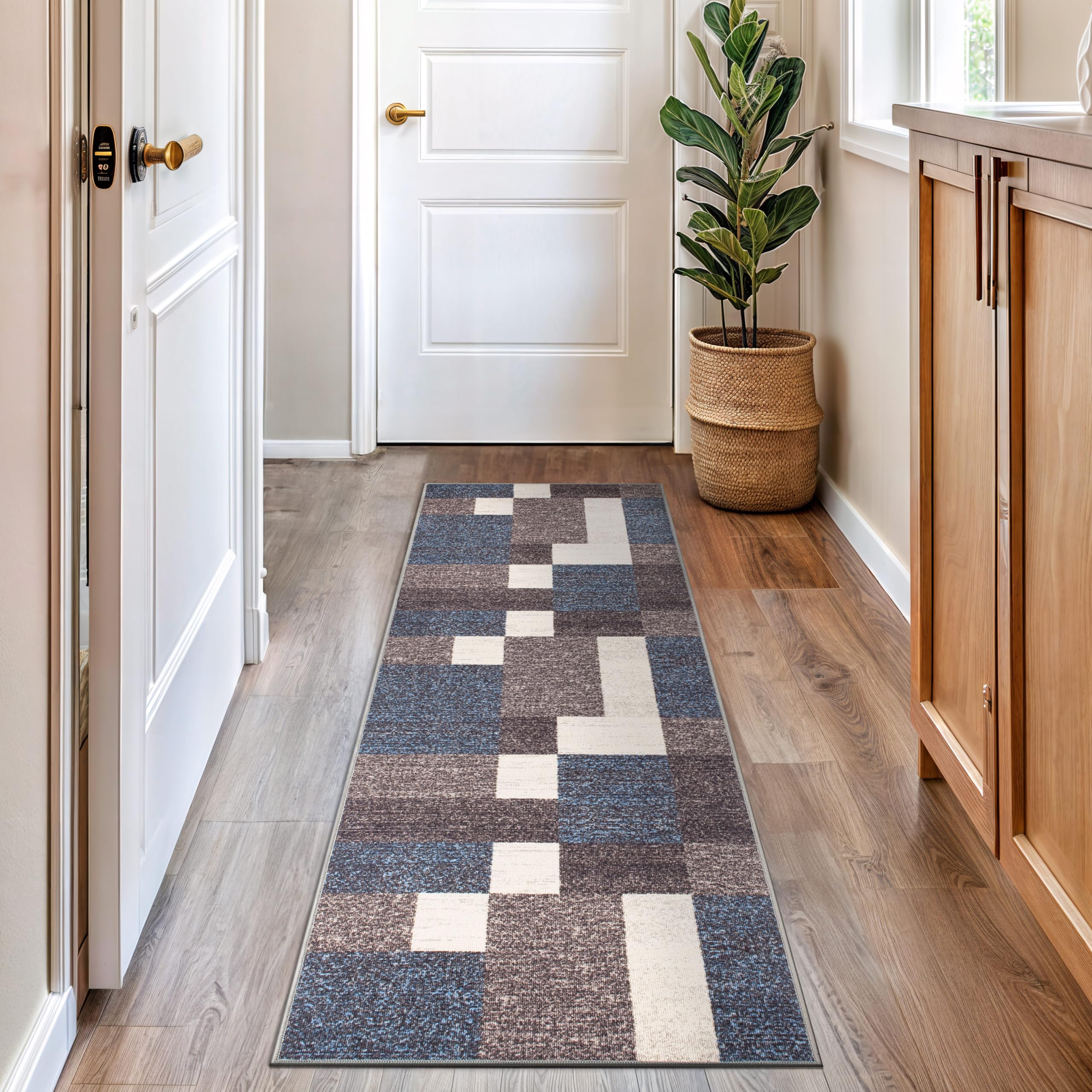 Rugshop Contemporary Blue Geometric Boxes Non-Slip Area Rug Non-Shedding for Living Room, Dining Room and Office, 5'3" x 7'3"