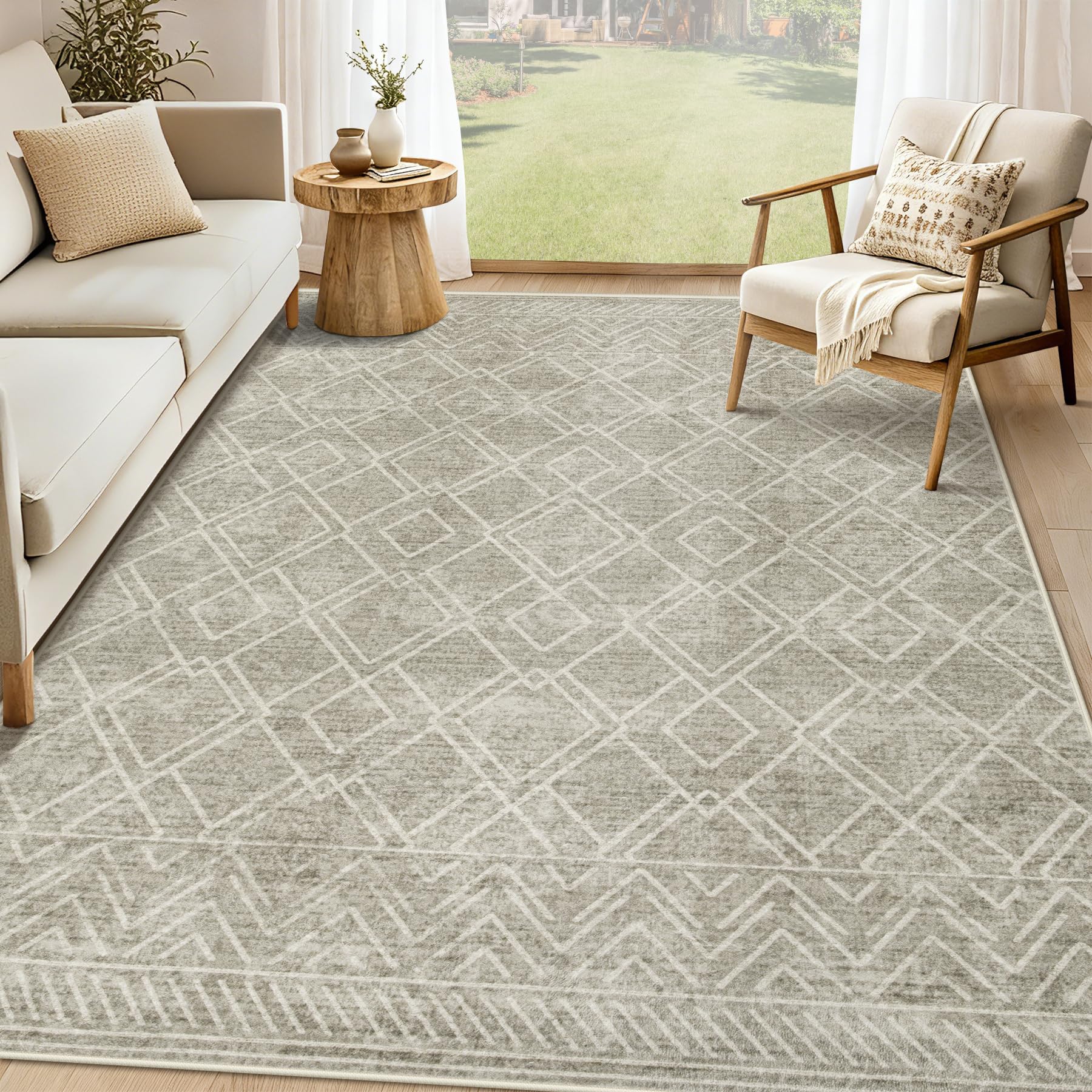 Area Rugs 5x7 Living Room Rug: Washable Geometric Moroccan Neutral Rugs Boho Modern Non Slip Area Rug Soft Indoor Floor Low Pile Carpet for Bedroom Nursery Dining Room Home Office (Beige, 5'x7')