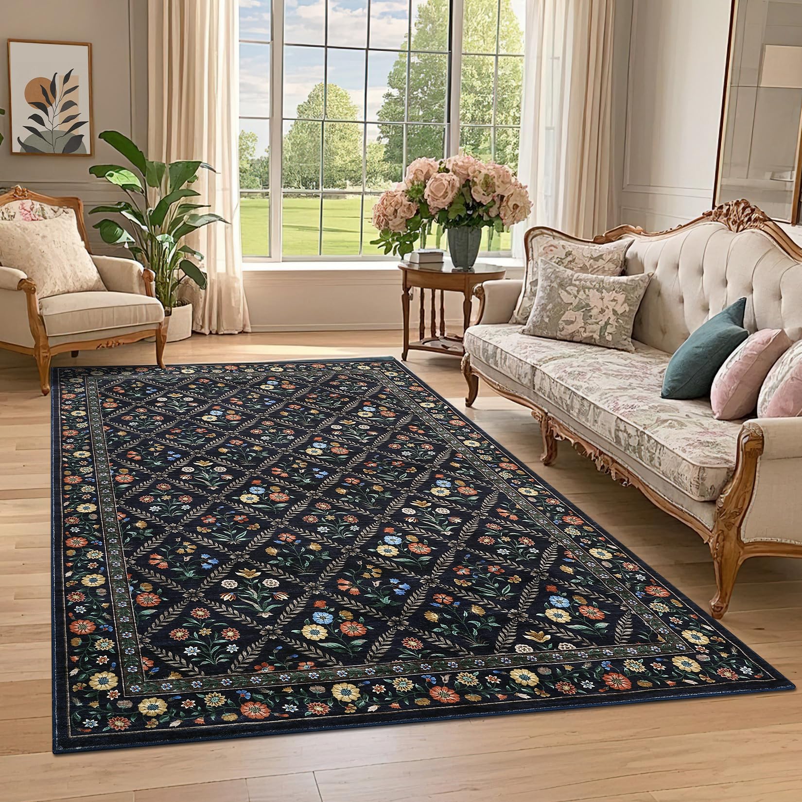 GarveeHome Modern Geometric Area Rug 5x7 Distressed Bordered Rug Washable Non Slip Floor Carpet Non Shedding Thin Rug, Soft Low Pile Rug, Contemporary Brown Rug for Dining Room, Living Room