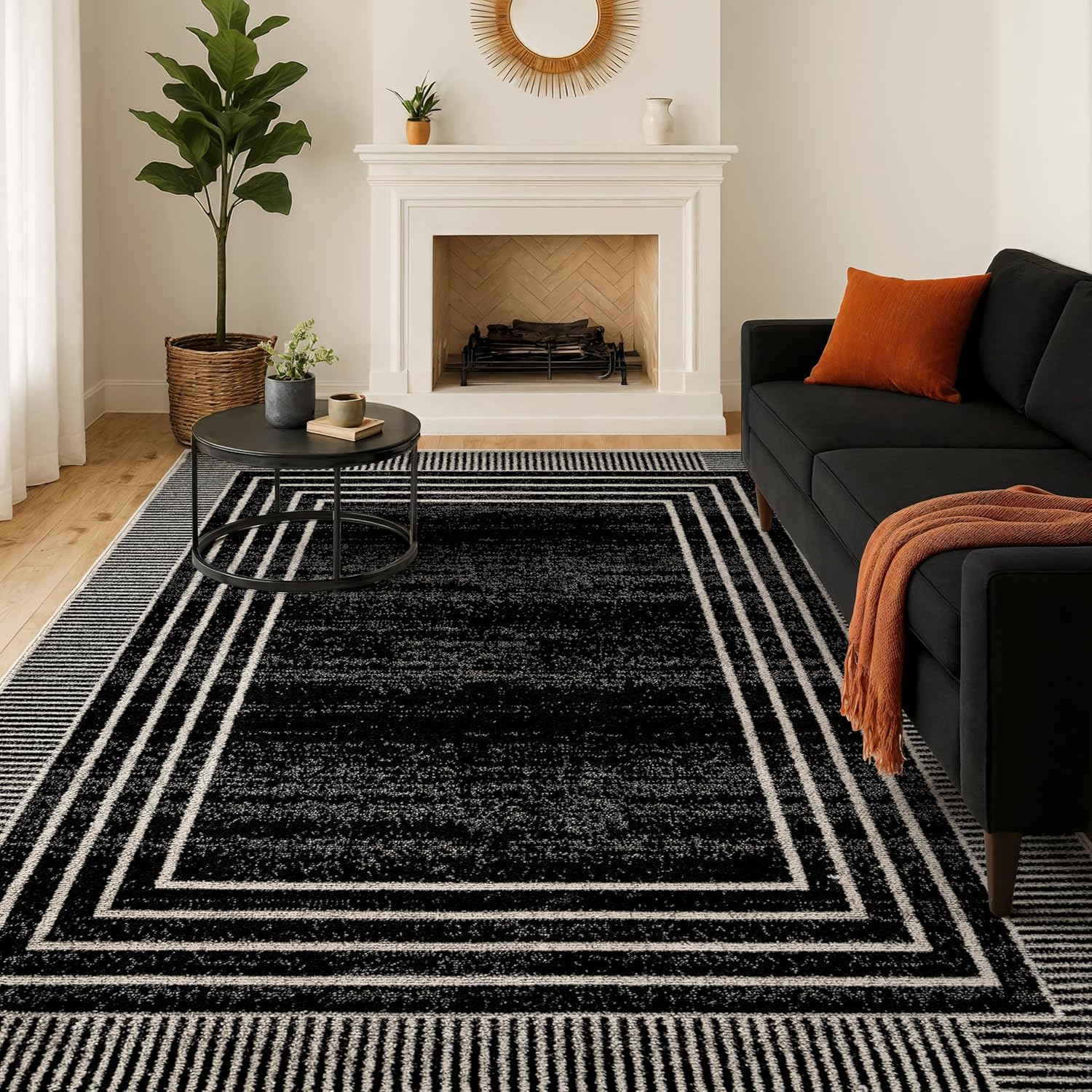 Rugshop Contemporary Geometric Bordered Indoor Area Rug for Living Room,Bedroom,Kitchen Rug Low Pile Rug with Jute Backing 5' x 7' Black