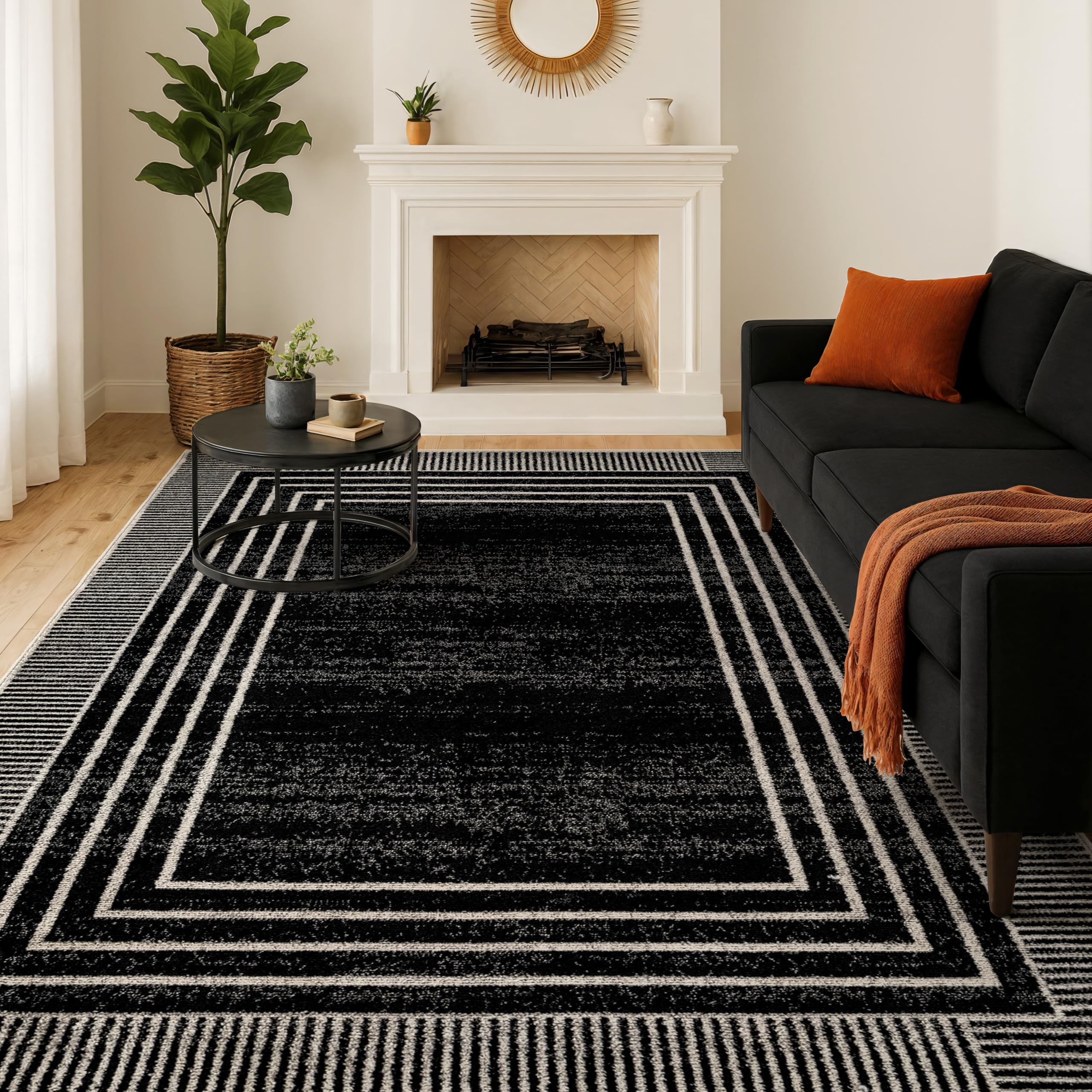 Rugshop Contemporary Geometric Bordered Indoor Area Rug for Living Room,Bedroom,Kitchen Rug Low Pile Rug with Jute Backing 5' x 7' Black