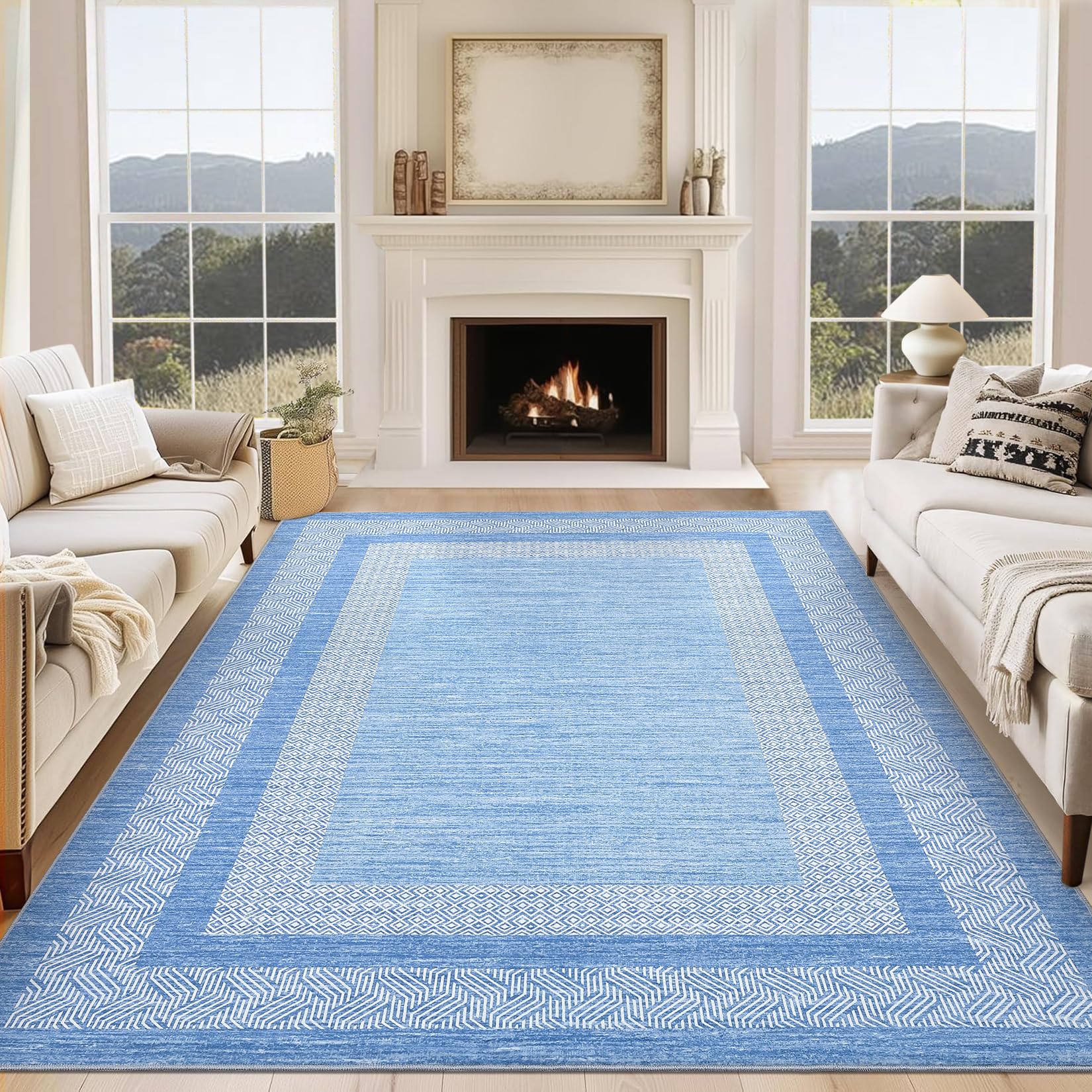 GarveeHome Modern Geometric Area Rug 5x7 Distressed Bordered Rug Washable Non Slip Floor Carpet Non Shedding Thin Rug, Soft Low Pile Rug, Contemporary Brown Rug for Dining Room, Living Room