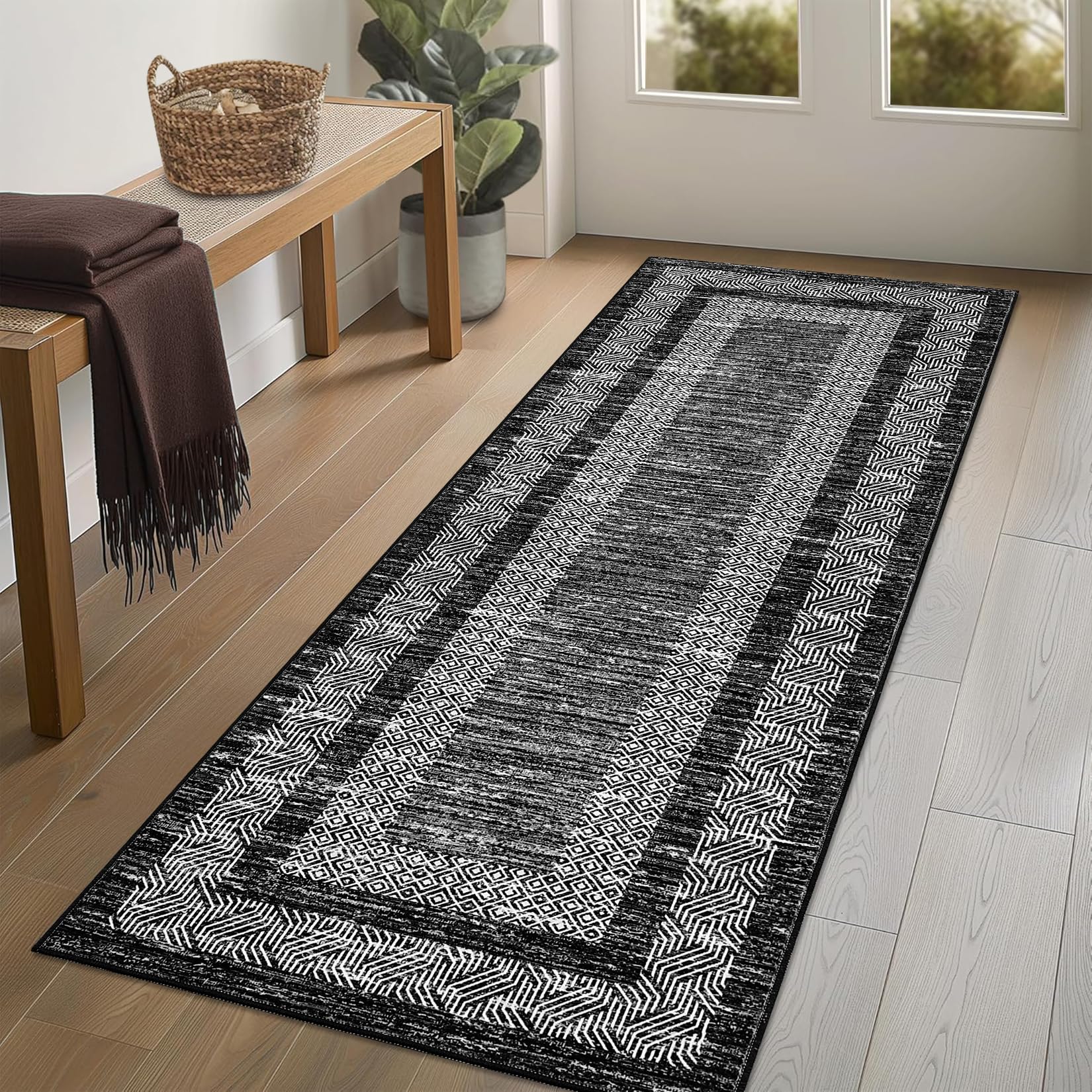 GarveeHome Modern Geometric Area Rug 5x7 Distressed Bordered Rug Washable Non Slip Floor Carpet Non Shedding Thin Rug, Soft Low Pile Rug, Contemporary Brown Rug for Dining Room, Living Room