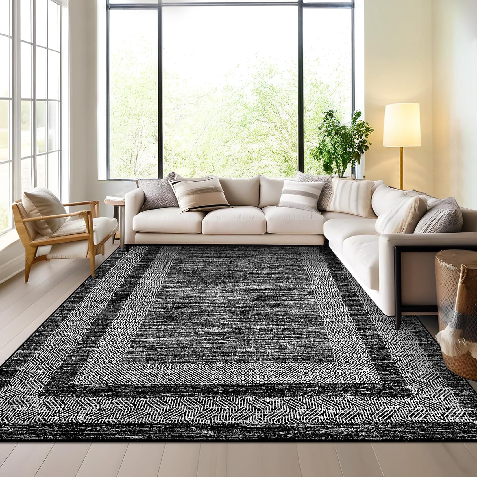 GarveeHome Modern Geometric Area Rug 5x7 Distressed Bordered Rug Washable Non Slip Floor Carpet Non Shedding Thin Rug, Soft Low Pile Rug, Contemporary Brown Rug for Dining Room, Living Room