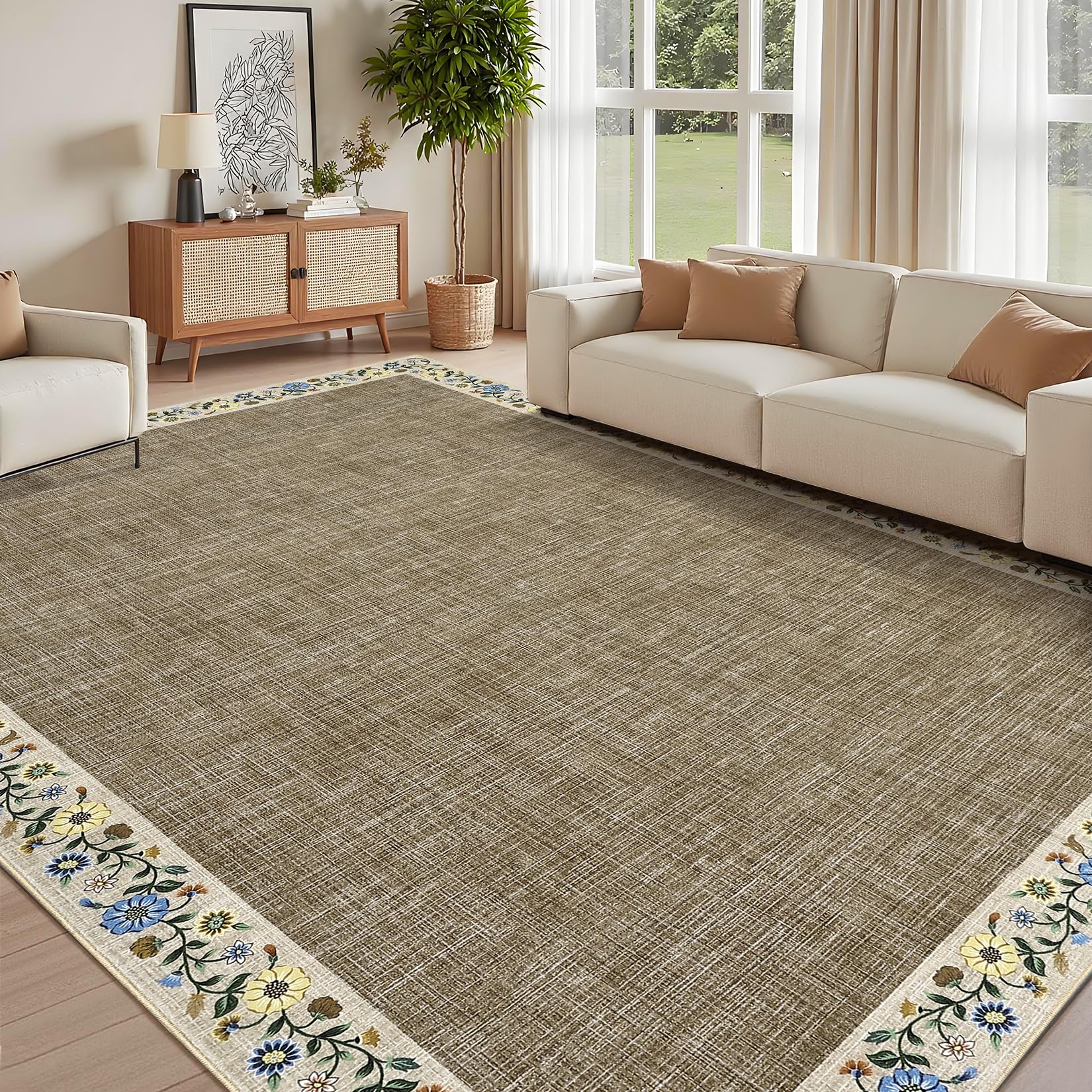 GarveeHome Modern Geometric Area Rug 5x7 Distressed Bordered Rug Washable Non Slip Floor Carpet Non Shedding Thin Rug, Soft Low Pile Rug, Contemporary Brown Rug for Dining Room, Living Room