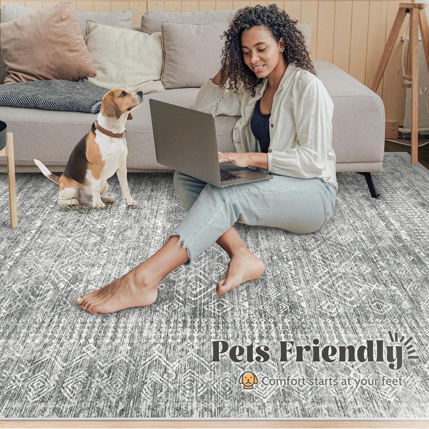 6x9 Area Rugs for Living Room: Washable Moroccan Geometric Boho Rug Farmhouse Non Slip Stain Resistant Large Rug Low Pile Soft Carpet for Bedroom Dining Room Home Office Children Room (Grey,6'x9')