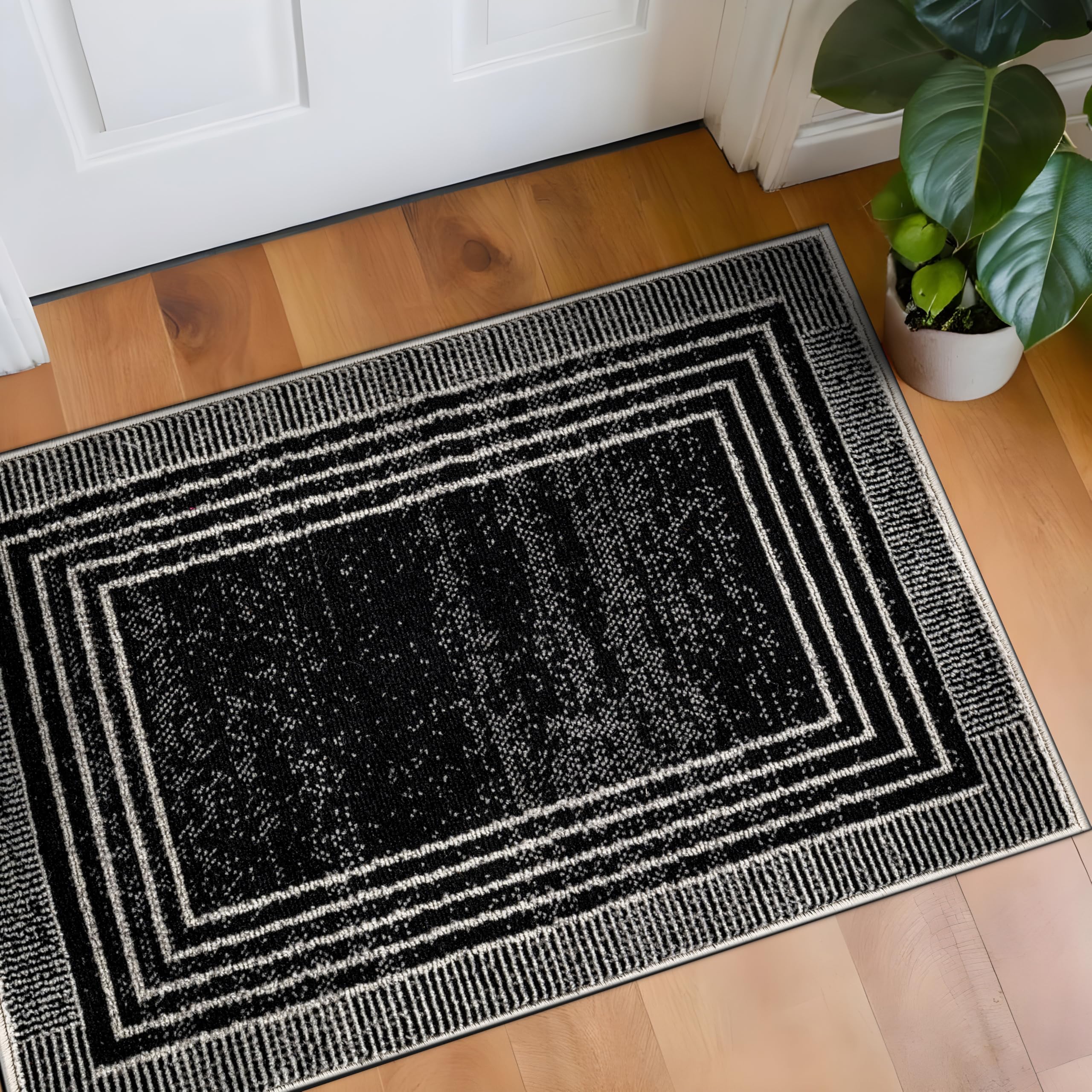 Rugshop Contemporary Geometric Bordered Indoor Area Rug for Living Room,Bedroom,Kitchen Rug Low Pile Rug with Jute Backing 5' x 7' Black