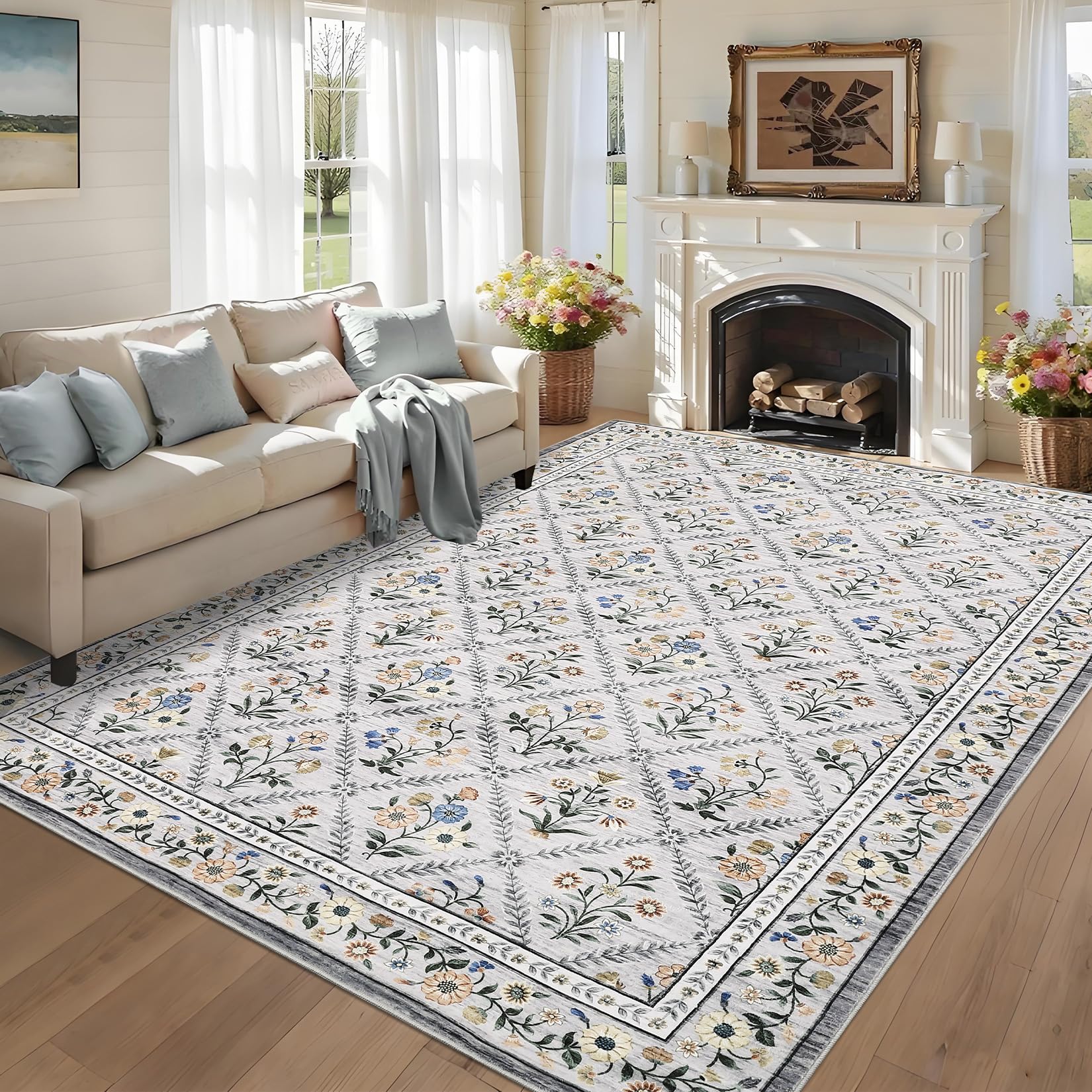 GarveeHome Modern Geometric Area Rug 5x7 Distressed Bordered Rug Washable Non Slip Floor Carpet Non Shedding Thin Rug, Soft Low Pile Rug, Contemporary Brown Rug for Dining Room, Living Room