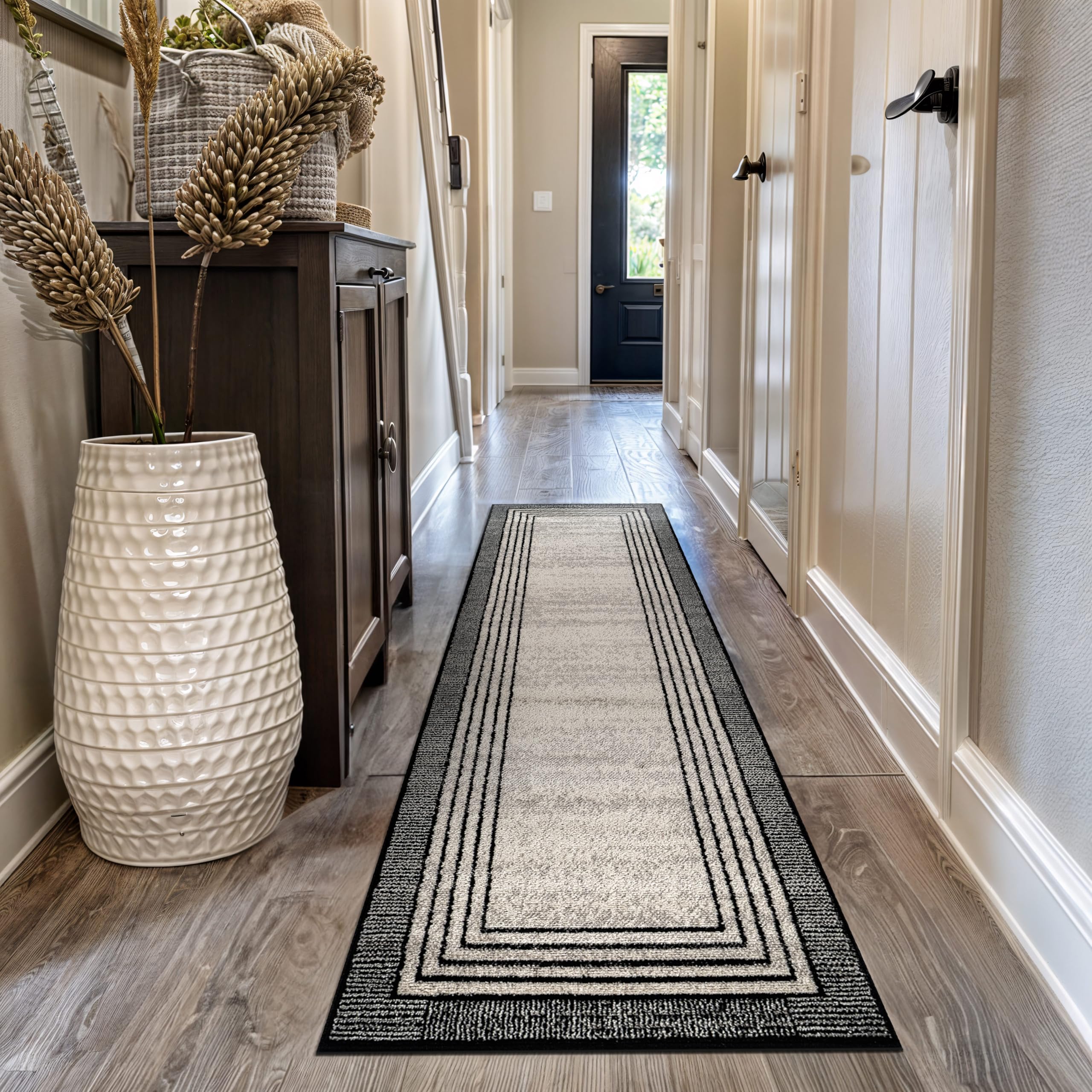 Rugshop Contemporary Geometric Bordered Indoor Area Rug for Living Room,Bedroom,Kitchen Rug Low Pile Rug with Jute Backing 5' x 7' Black