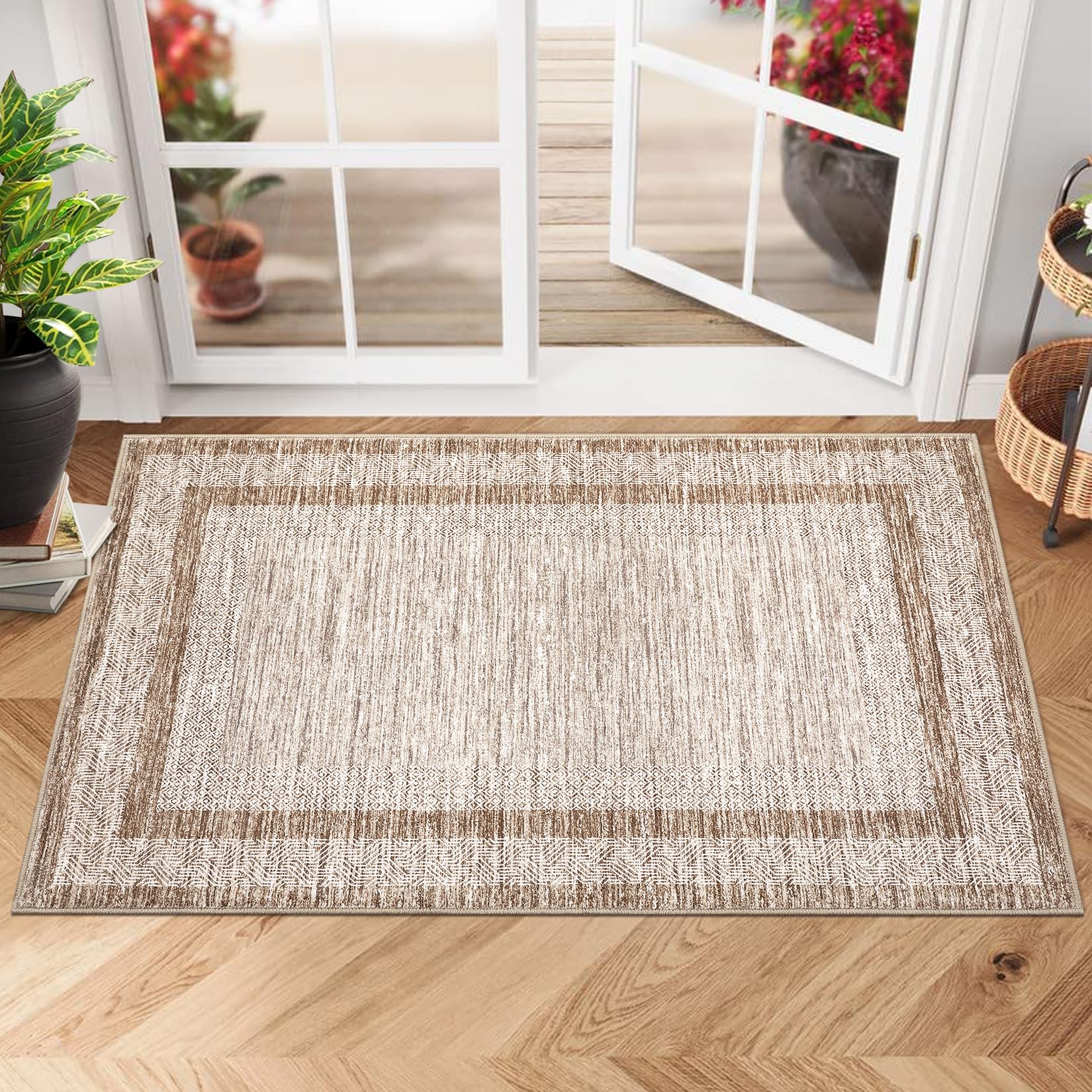 GarveeHome Modern Geometric Area Rug 5x7 Distressed Bordered Rug Washable Non Slip Floor Carpet Non Shedding Thin Rug, Soft Low Pile Rug, Contemporary Brown Rug for Dining Room, Living Room