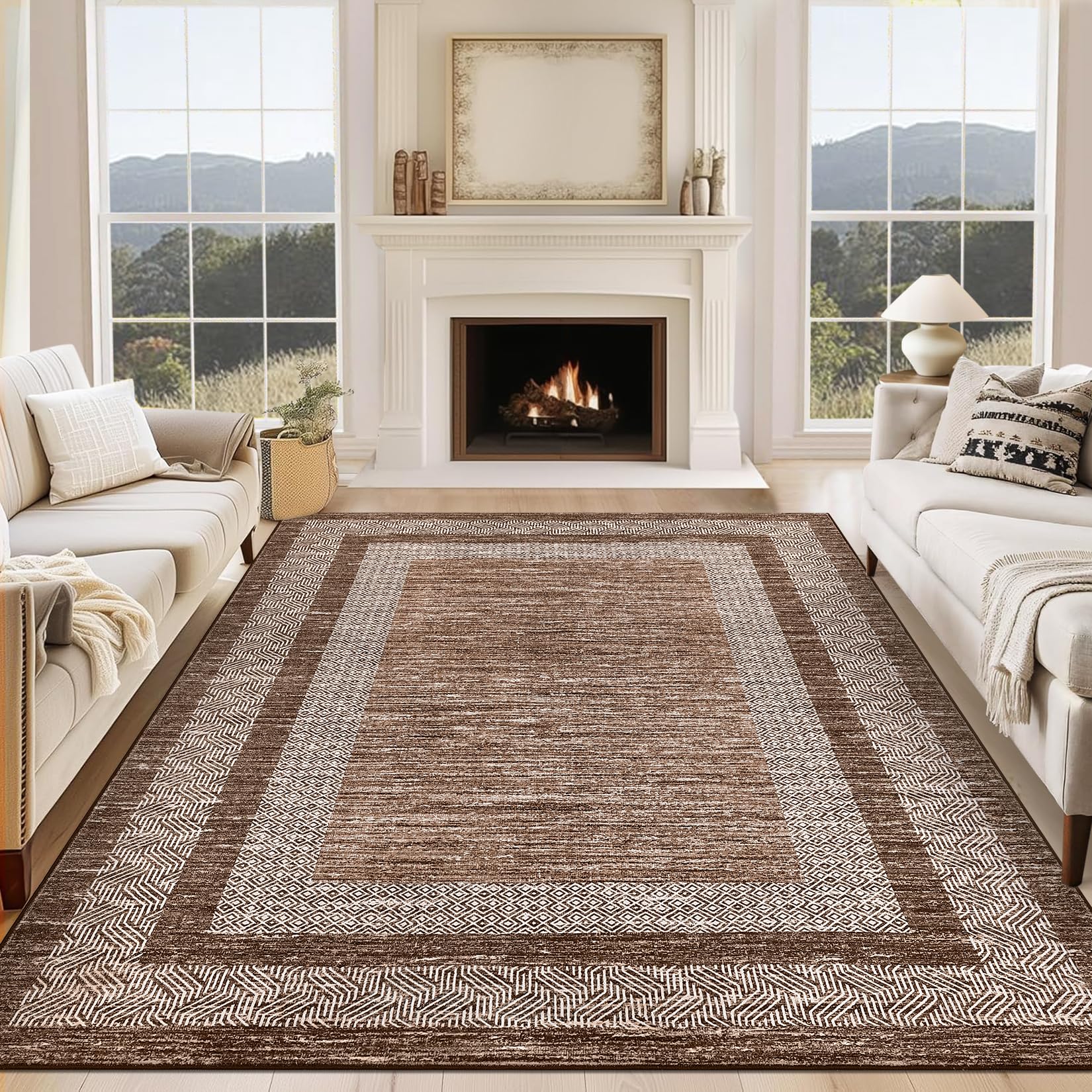 GarveeHome Modern Geometric Area Rug 5x7 Distressed Bordered Rug Washable Non Slip Floor Carpet Non Shedding Thin Rug, Soft Low Pile Rug, Contemporary Brown Rug for Dining Room, Living Room