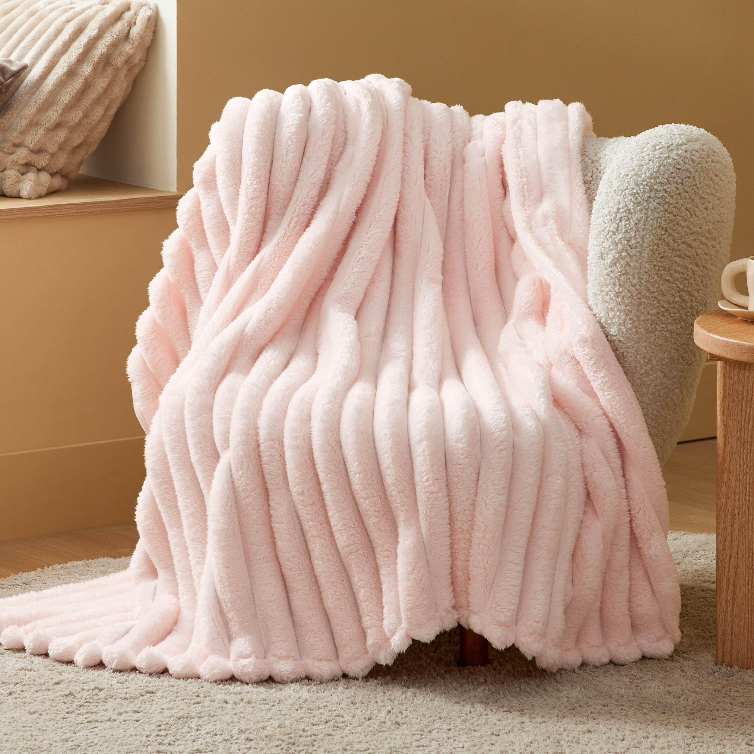 Bedsure Blankets Queen Size for Bed - 350GSM Super GentleSoft Fuzzy Fluffy Cozy Blankets for Women, Cute Large Plush Fleece Throws for Girls, Pink，90x90 Inches, Wider Striped Design