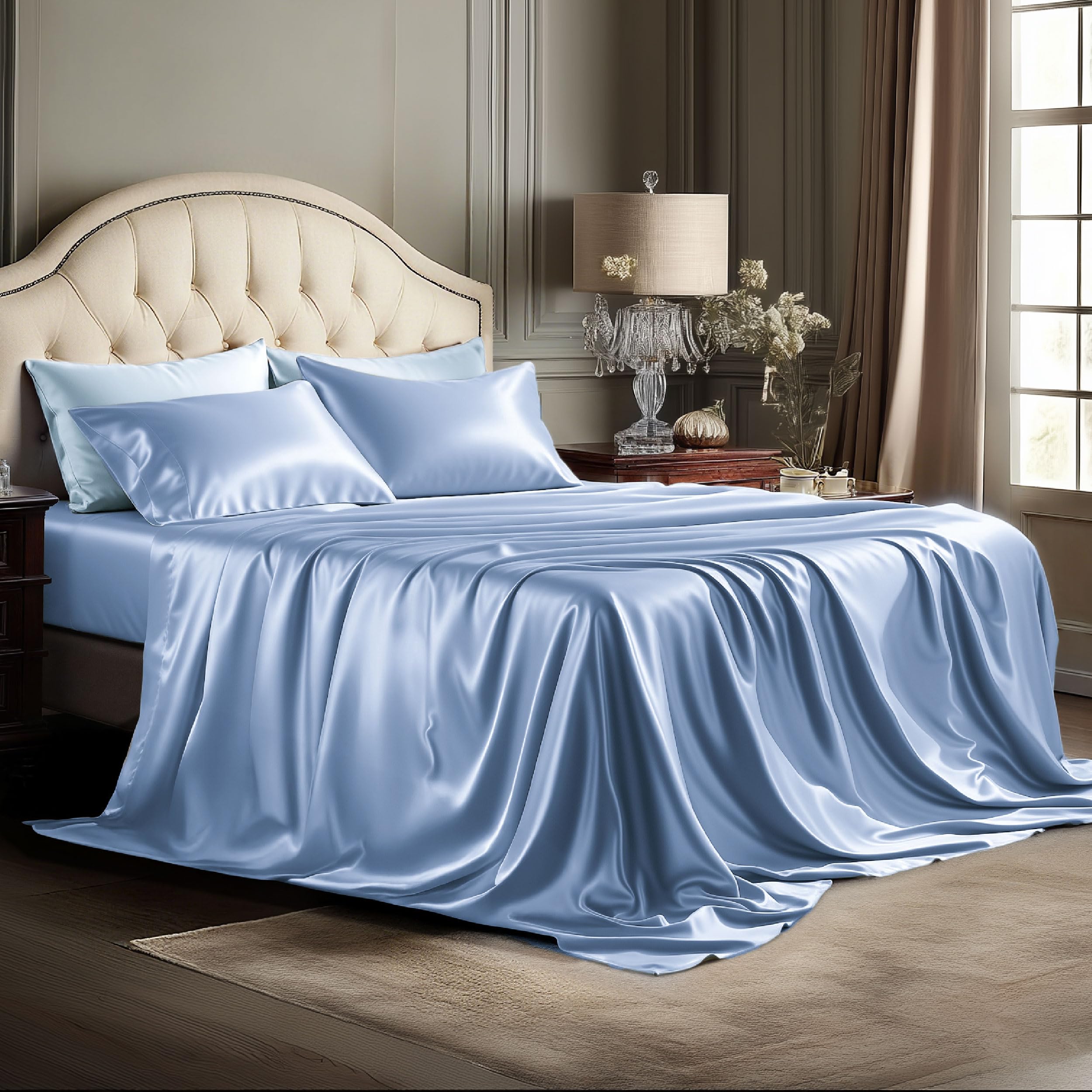 Bedsure Satin Sheets King Size - 4 Piece Silky Bedsheets with 15 Inches Deep Pocket Fitted Bedsheet,1 Flat Sheet, 2 Satin Pillowcases, Good for Hair & Skin (King, Silver Grey)