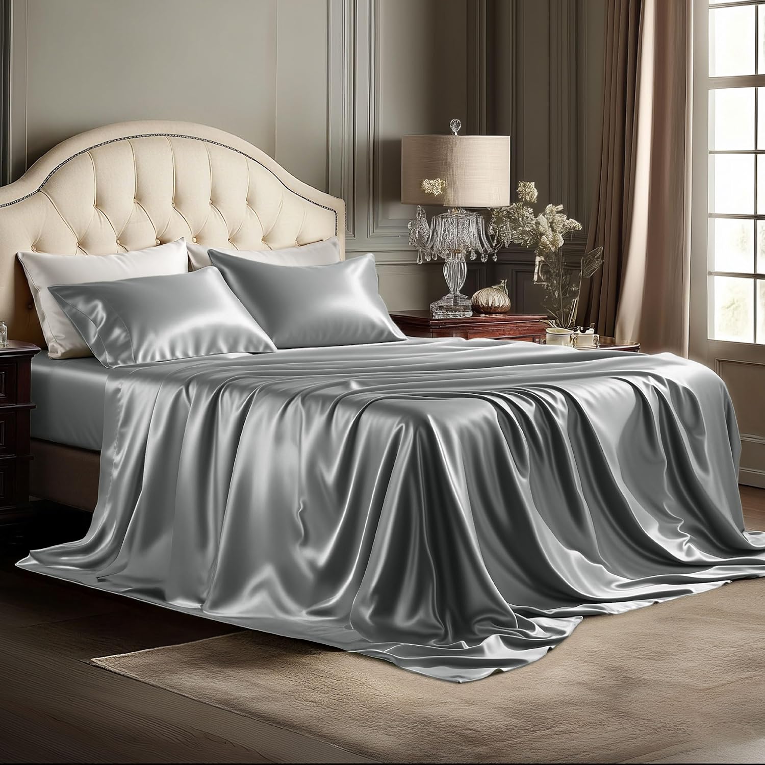 Bedsure Satin Sheets King Size - 4 Piece Silky Bedsheets with 15 Inches Deep Pocket Fitted Bedsheet,1 Flat Sheet, 2 Satin Pillowcases, Good for Hair & Skin (King, Silver Grey)