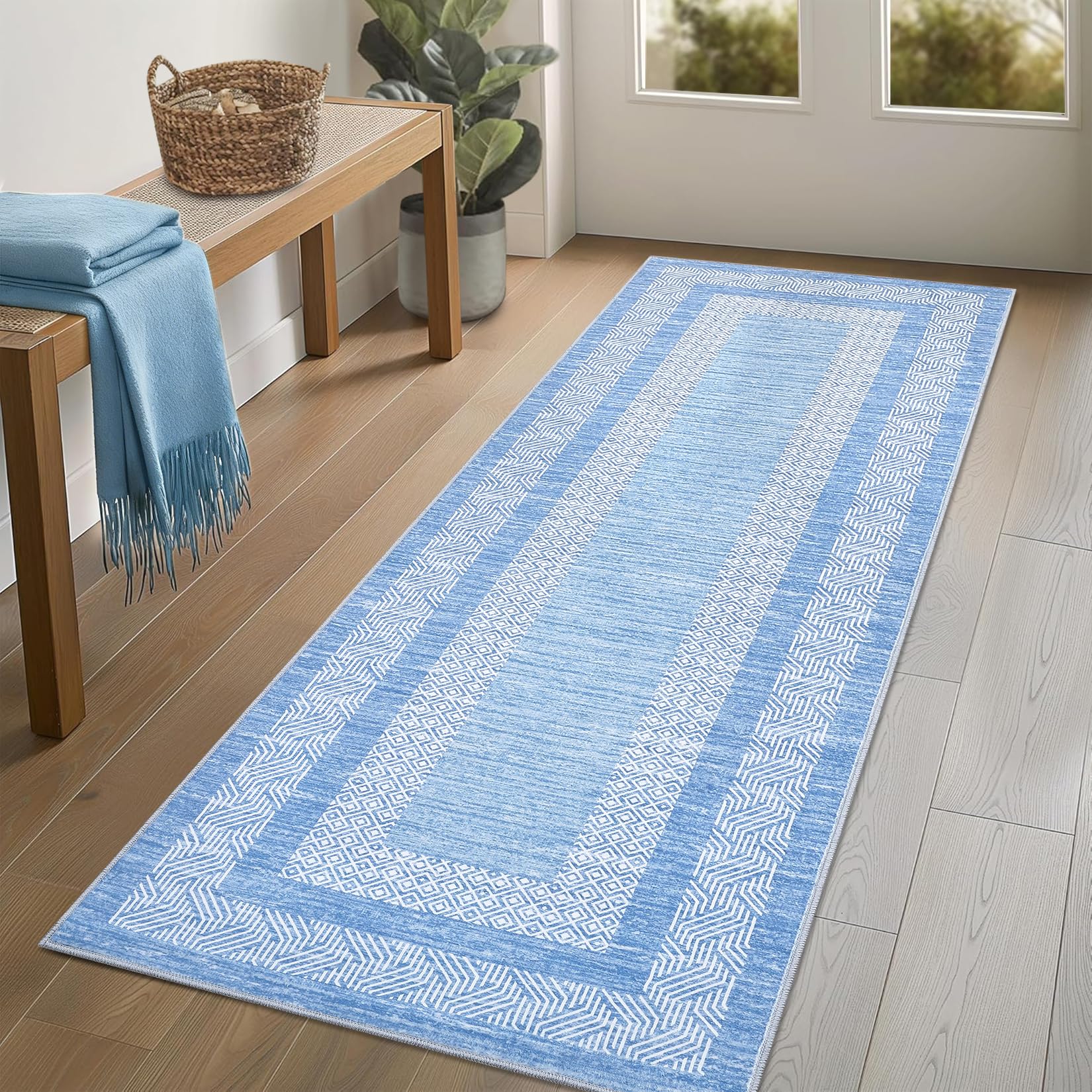 GarveeHome Modern Geometric Area Rug 5x7 Distressed Bordered Rug Washable Non Slip Floor Carpet Non Shedding Thin Rug, Soft Low Pile Rug, Contemporary Brown Rug for Dining Room, Living Room