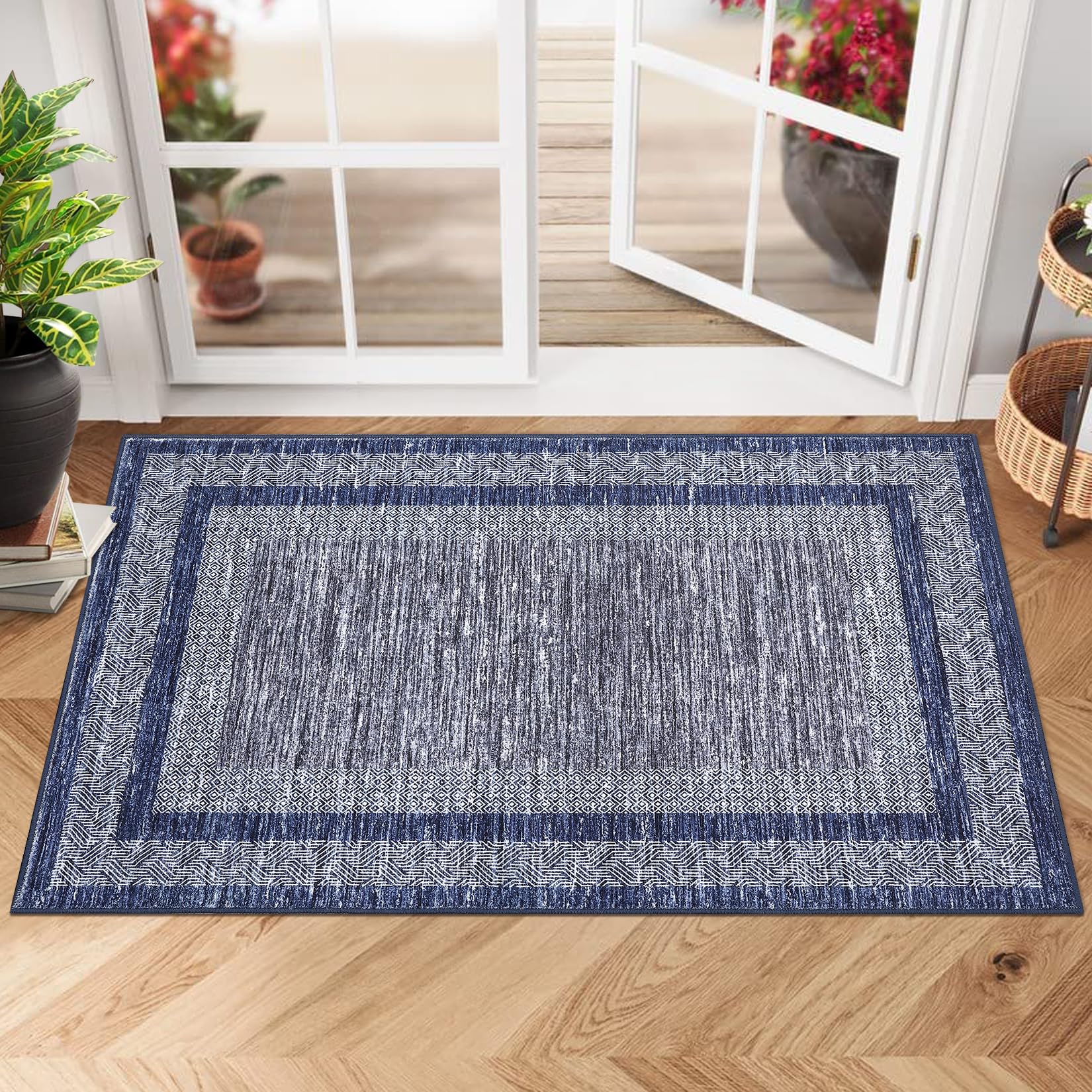 GarveeHome Modern Geometric Area Rug 5x7 Distressed Bordered Rug Washable Non Slip Floor Carpet Non Shedding Thin Rug, Soft Low Pile Rug, Contemporary Brown Rug for Dining Room, Living Room