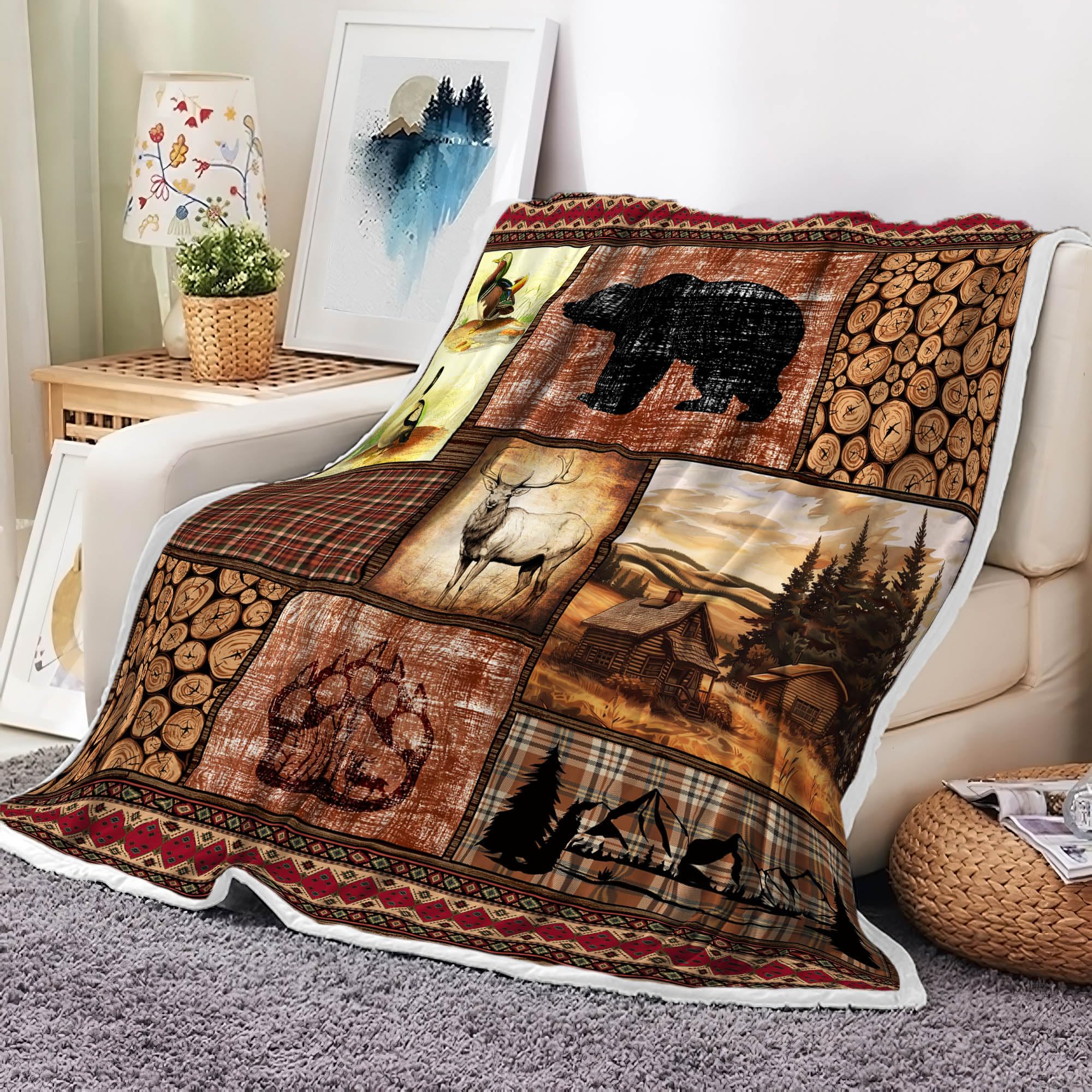 Torich Cabin Retro Rustic Lodge Flannel Throw Blankets, Bear Deer Country Hunting Wild Animal Cozy Warm Bed Couch Blanket, White Fleece Flannel Throws to Decorate The Room and Bedroom Camping Travel