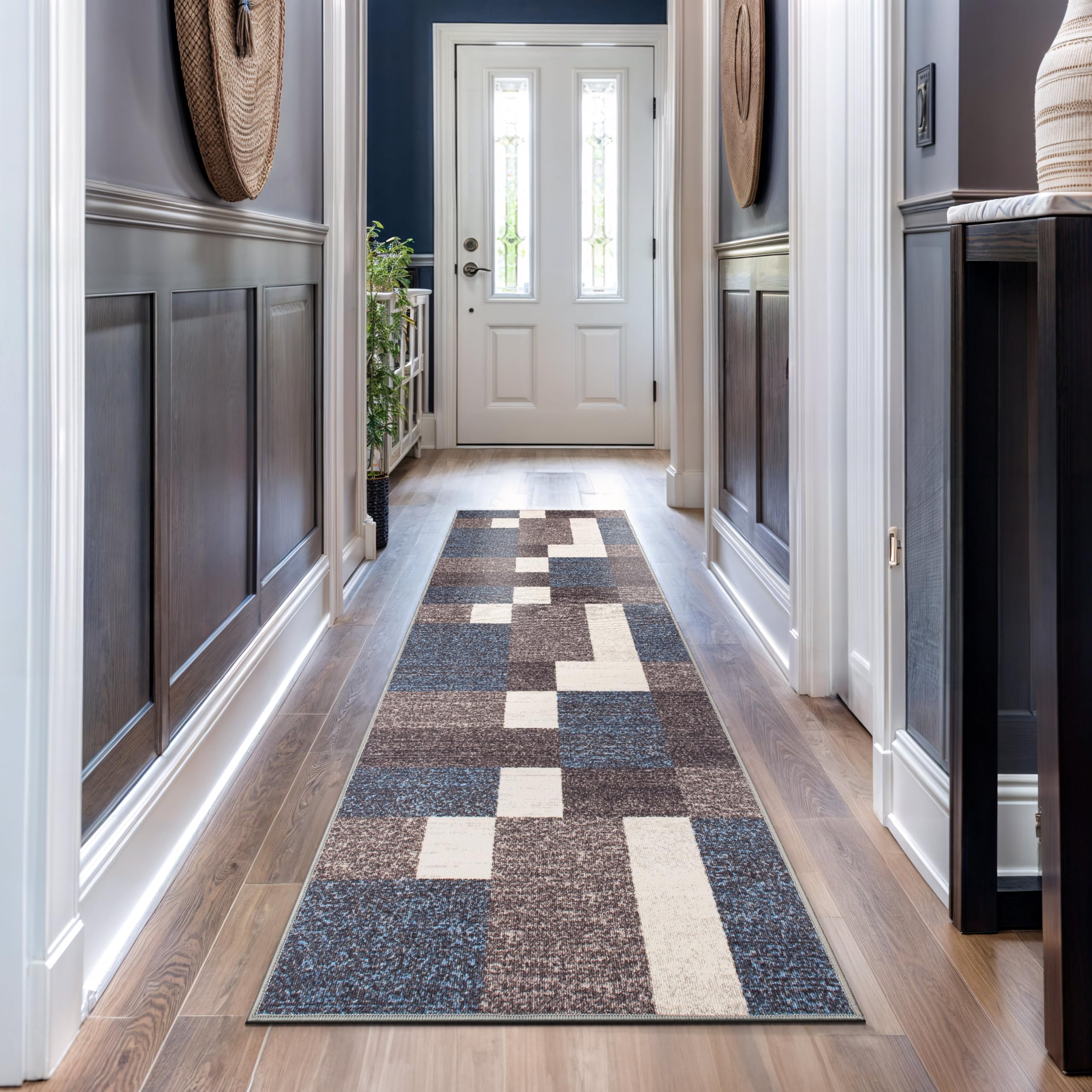 Rugshop Contemporary Blue Geometric Boxes Non-Slip Area Rug Non-Shedding for Living Room, Dining Room and Office, 5'3" x 7'3"