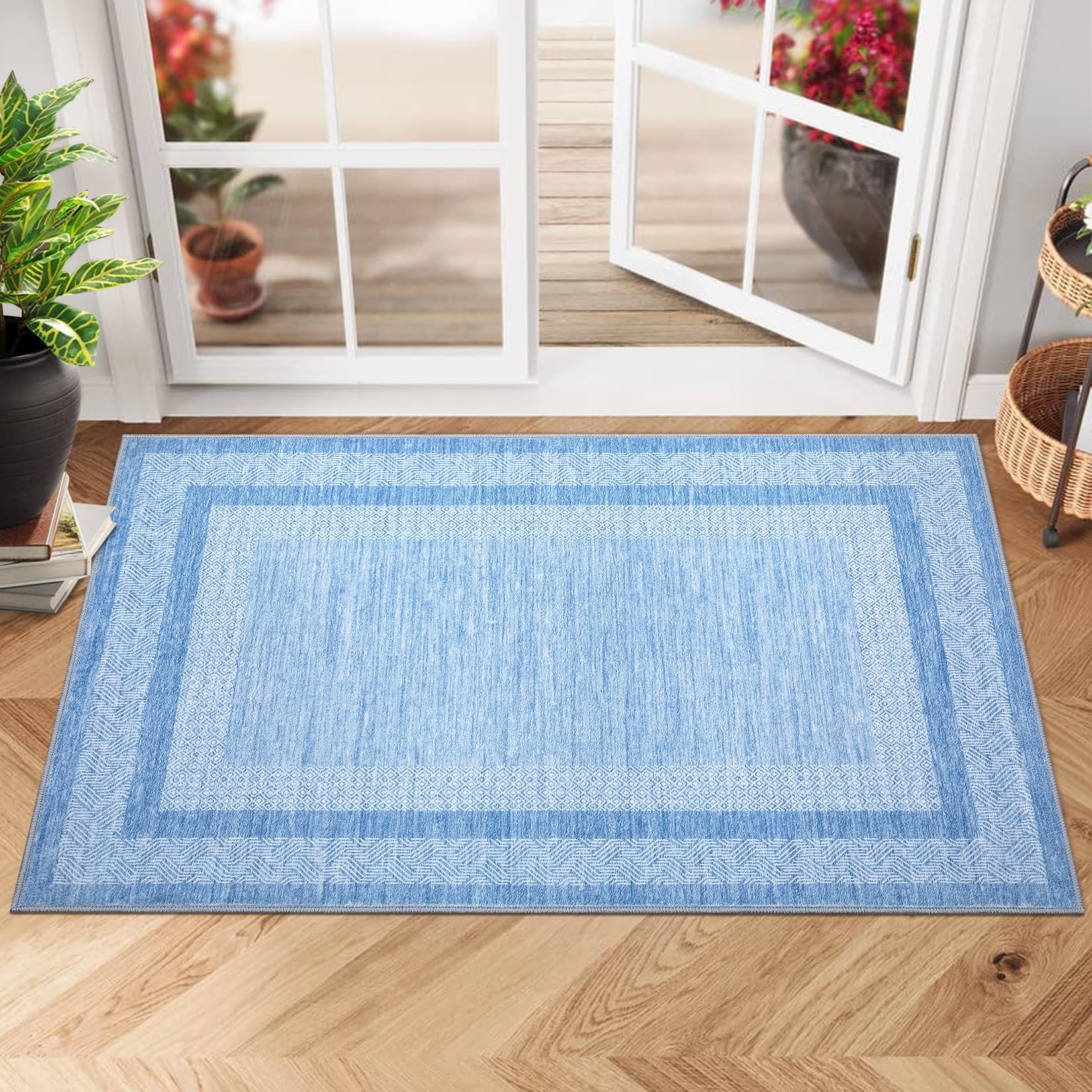 GarveeHome Modern Geometric Area Rug 5x7 Distressed Bordered Rug Washable Non Slip Floor Carpet Non Shedding Thin Rug, Soft Low Pile Rug, Contemporary Brown Rug for Dining Room, Living Room