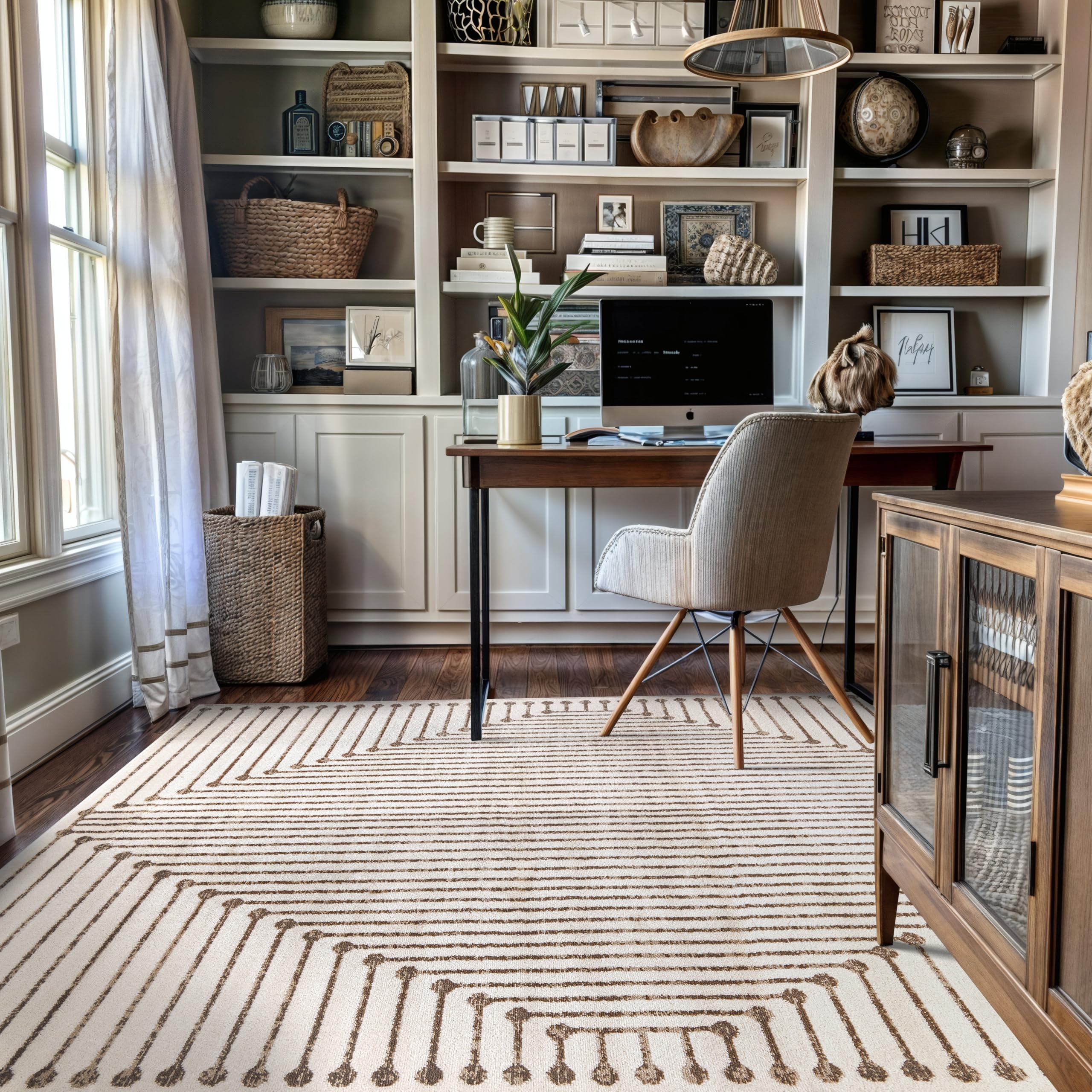 Rugshop Beige and Brown Geometric Area Rug – Soft Abstract Line Pattern Carpet for Living Room, Bedroom, or Office – Contemporary Neutral Decor Accent 5' x 7' Beige