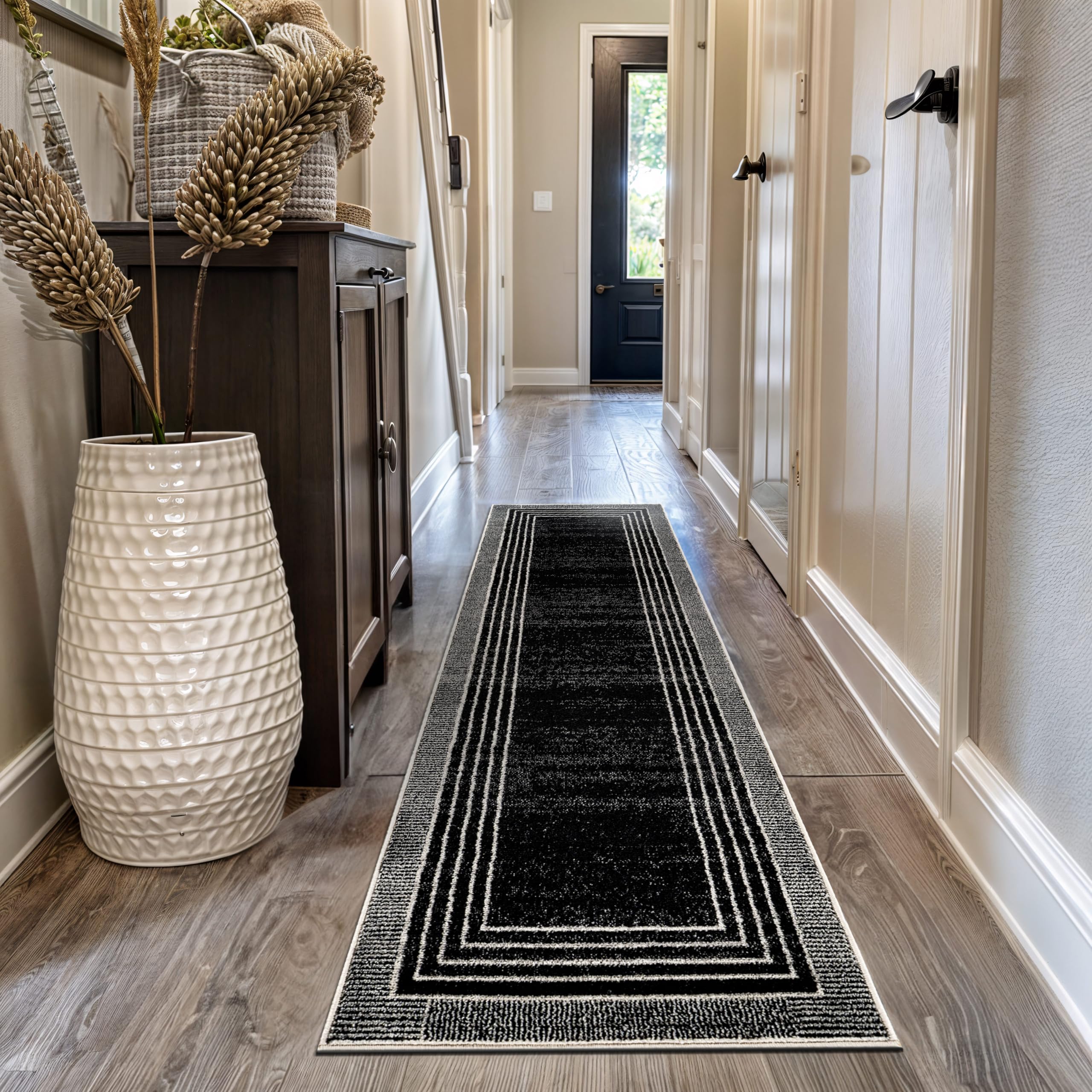 Rugshop Contemporary Geometric Bordered Indoor Area Rug for Living Room,Bedroom,Kitchen Rug Low Pile Rug with Jute Backing 5' x 7' Black