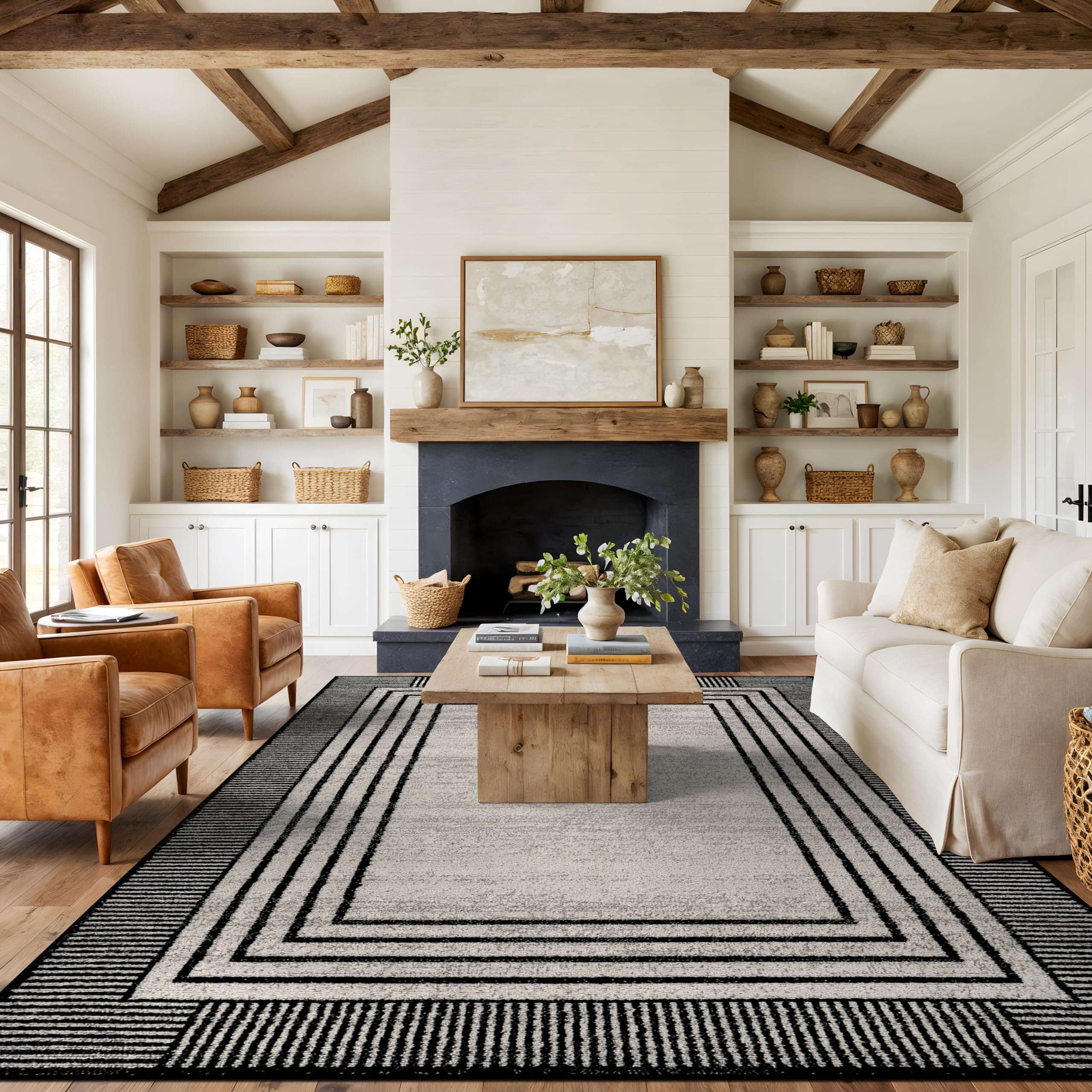 Rugshop Contemporary Geometric Bordered Indoor Area Rug for Living Room,Bedroom,Kitchen Rug Low Pile Rug with Jute Backing 5' x 7' Black