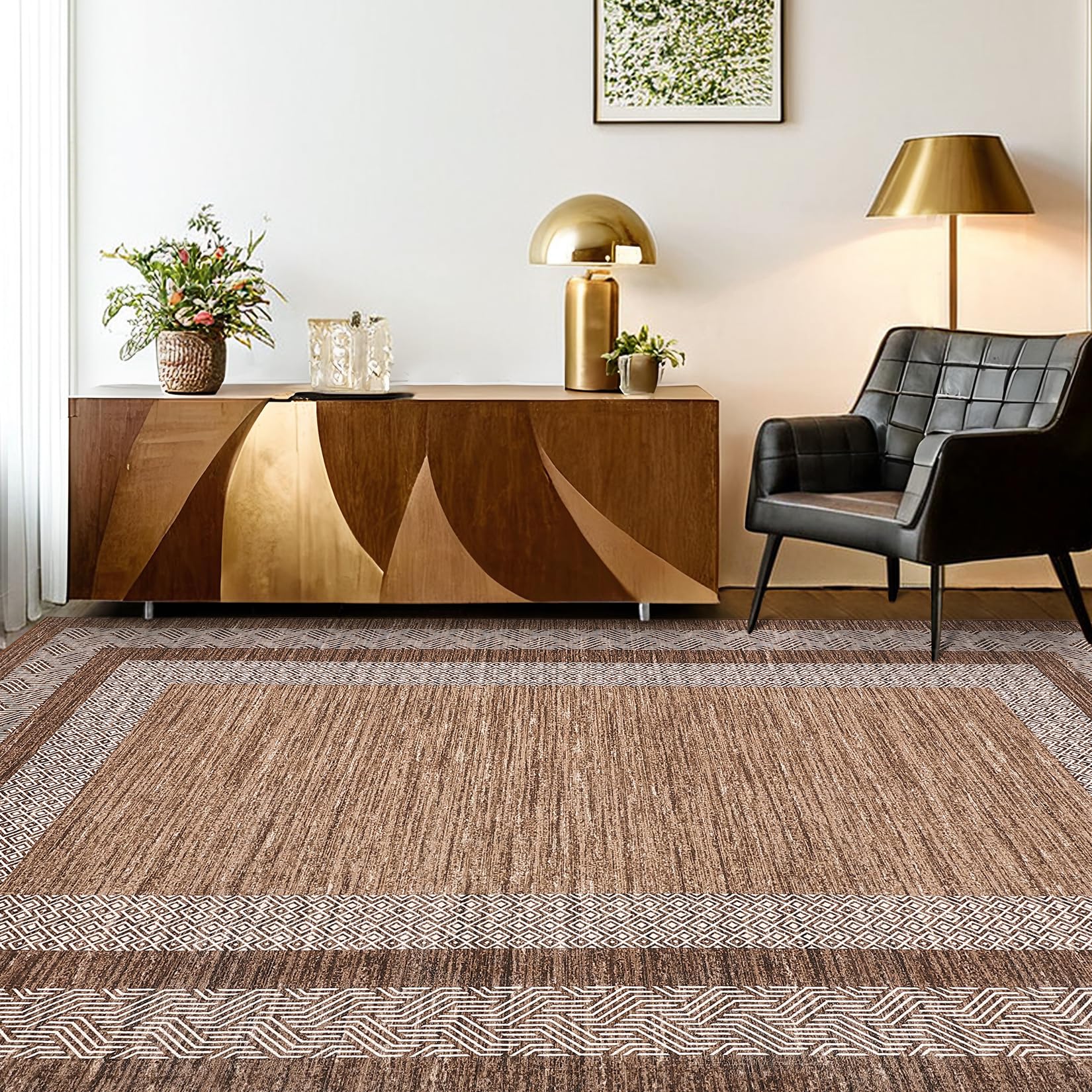 GarveeHome Modern Geometric Area Rug 5x7 Distressed Bordered Rug Washable Non Slip Floor Carpet Non Shedding Thin Rug, Soft Low Pile Rug, Contemporary Brown Rug for Dining Room, Living Room