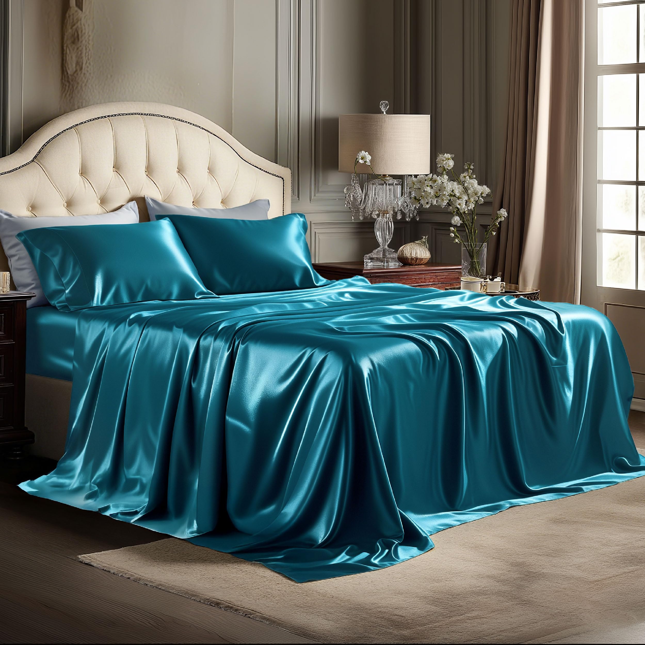 Bedsure Satin Sheets King Size - 4 Piece Silky Bedsheets with 15 Inches Deep Pocket Fitted Bedsheet,1 Flat Sheet, 2 Satin Pillowcases, Good for Hair & Skin (King, Silver Grey)