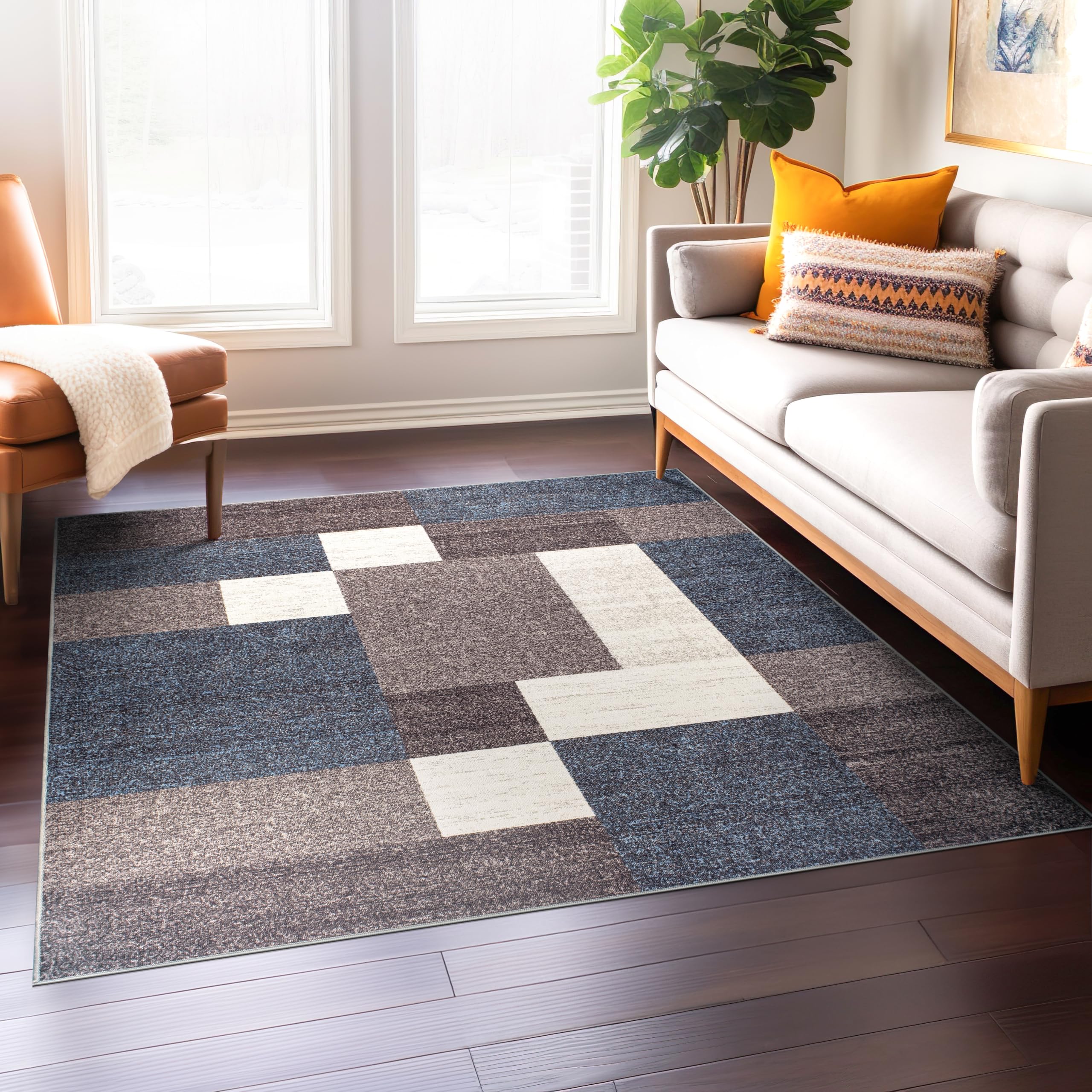 Rugshop Contemporary Blue Geometric Boxes Non-Slip Area Rug Non-Shedding for Living Room, Dining Room and Office, 5'3" x 7'3"