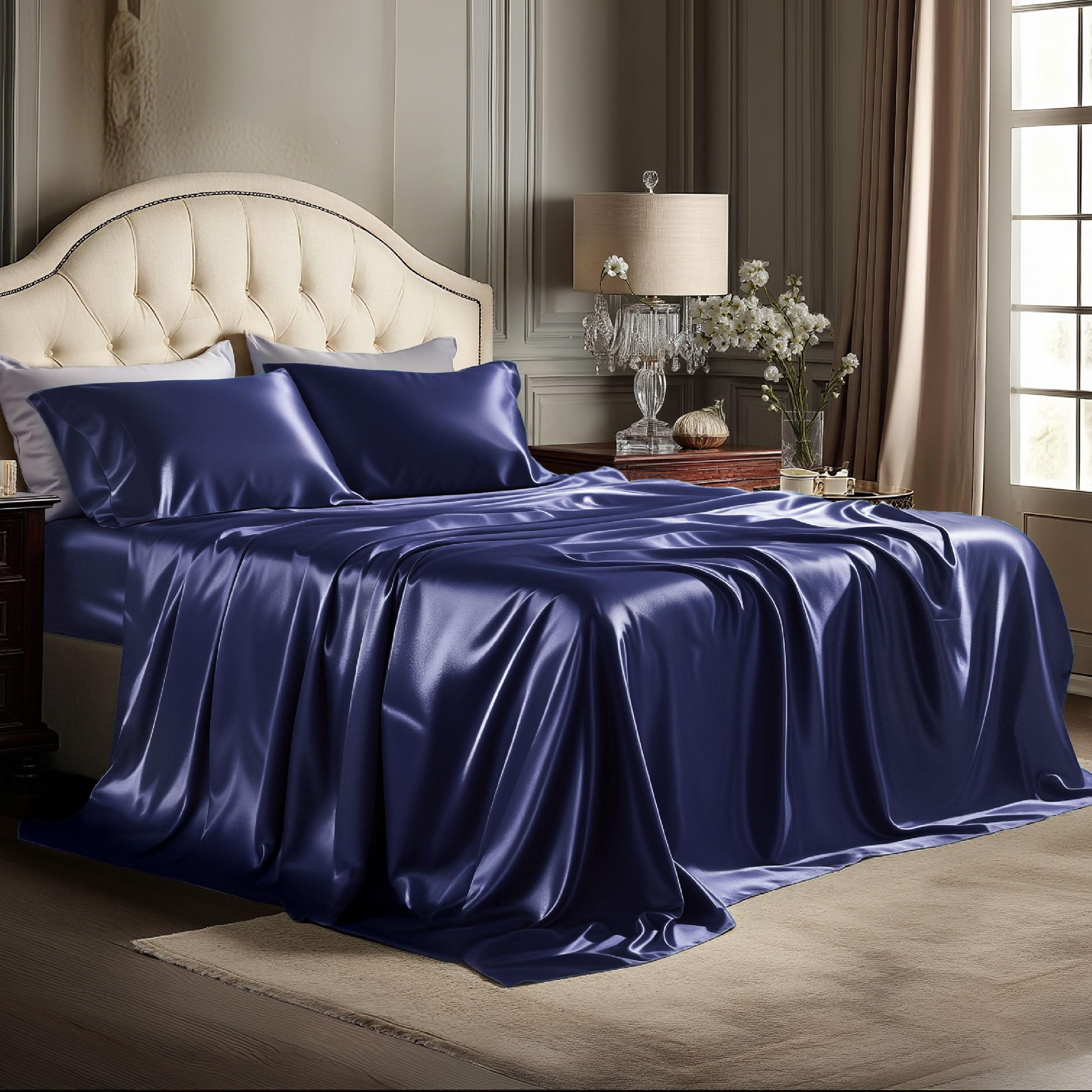 Bedsure Satin Sheets King Size - 4 Piece Silky Bedsheets with 15 Inches Deep Pocket Fitted Bedsheet,1 Flat Sheet, 2 Satin Pillowcases, Good for Hair & Skin (King, Silver Grey)