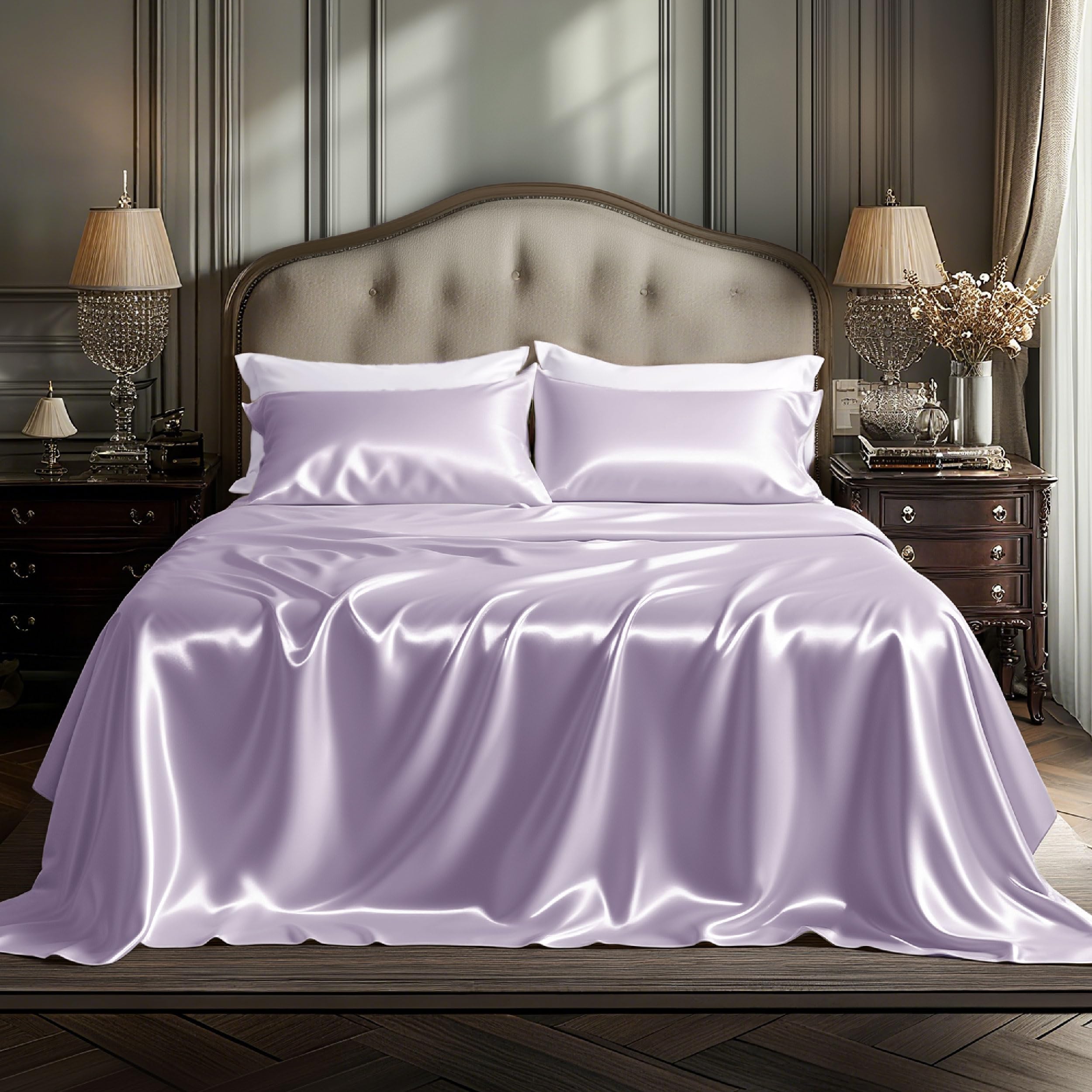 Bedsure Satin Sheets King Size - 4 Piece Silky Bedsheets with 15 Inches Deep Pocket Fitted Bedsheet,1 Flat Sheet, 2 Satin Pillowcases, Good for Hair & Skin (King, Silver Grey)