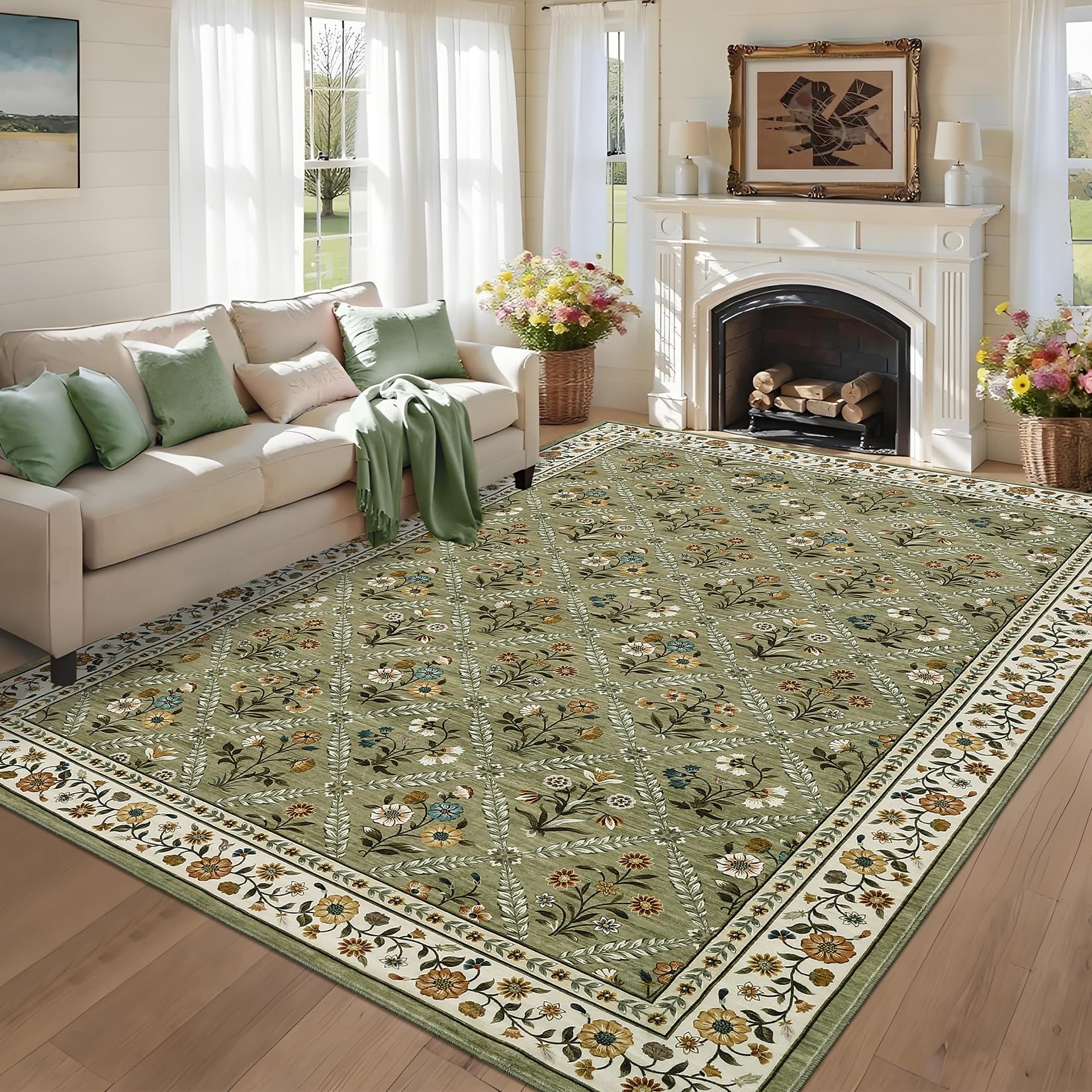 GarveeHome Modern Geometric Area Rug 5x7 Distressed Bordered Rug Washable Non Slip Floor Carpet Non Shedding Thin Rug, Soft Low Pile Rug, Contemporary Brown Rug for Dining Room, Living Room