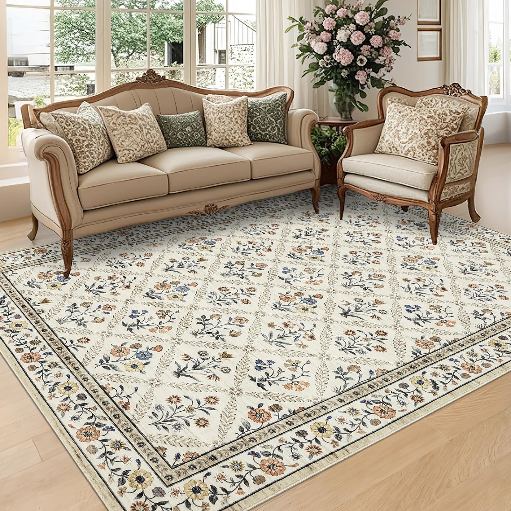 GarveeHome Modern Geometric Area Rug 5x7 Distressed Bordered Rug Washable Non Slip Floor Carpet Non Shedding Thin Rug, Soft Low Pile Rug, Contemporary Brown Rug for Dining Room, Living Room