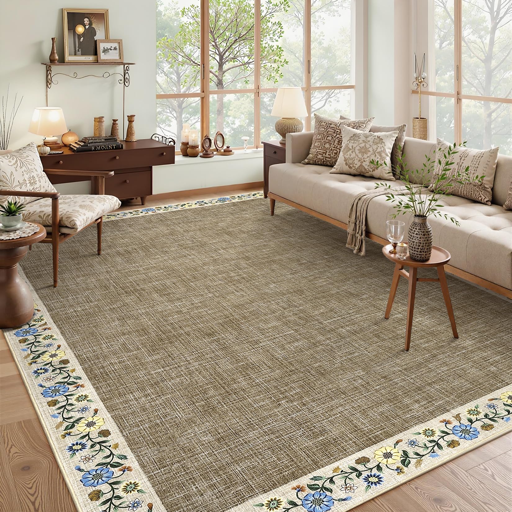 GarveeHome Modern Geometric Area Rug 5x7 Distressed Bordered Rug Washable Non Slip Floor Carpet Non Shedding Thin Rug, Soft Low Pile Rug, Contemporary Brown Rug for Dining Room, Living Room