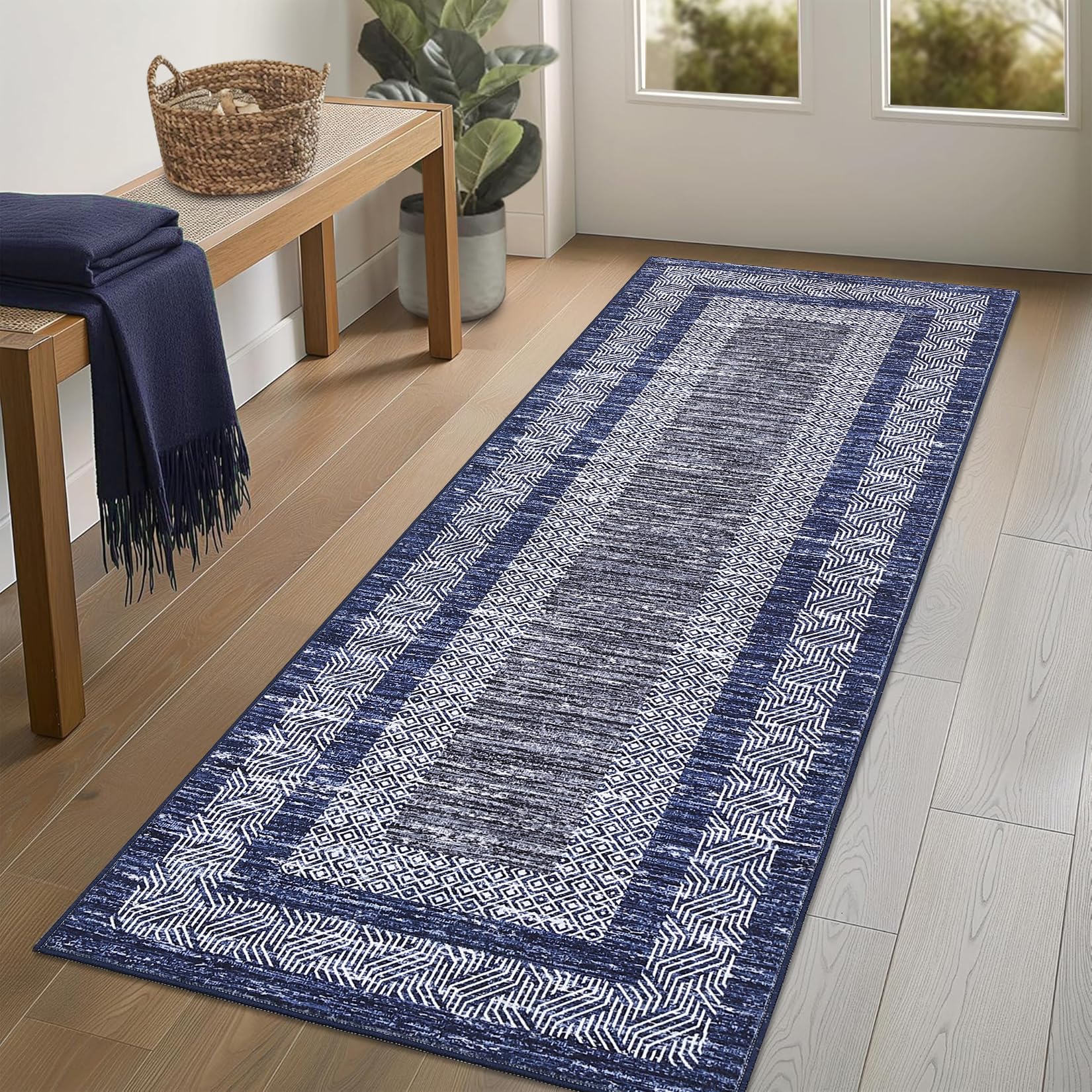 GarveeHome Modern Geometric Area Rug 5x7 Distressed Bordered Rug Washable Non Slip Floor Carpet Non Shedding Thin Rug, Soft Low Pile Rug, Contemporary Brown Rug for Dining Room, Living Room
