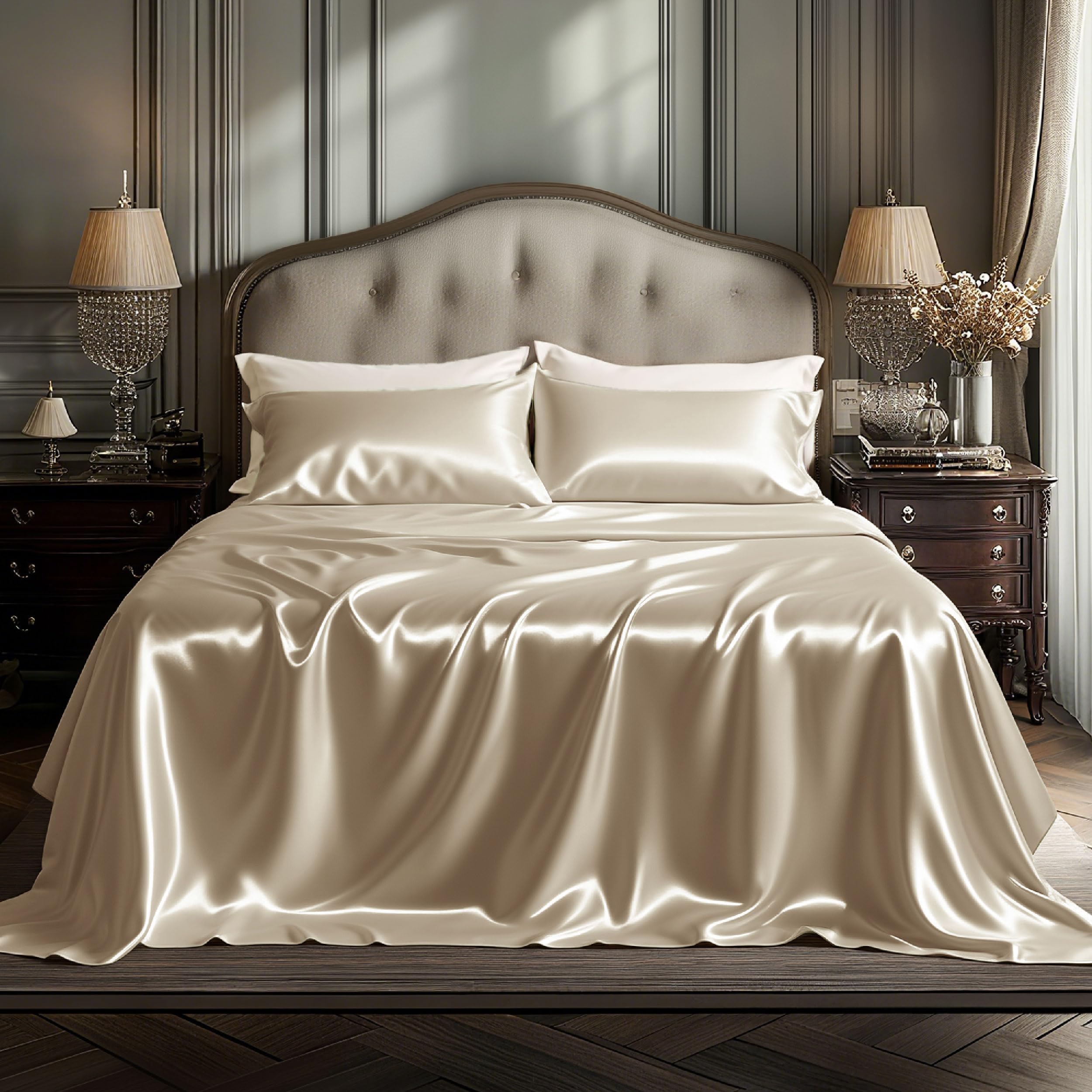 Bedsure Satin Sheets King Size - 4 Piece Silky Bedsheets with 15 Inches Deep Pocket Fitted Bedsheet,1 Flat Sheet, 2 Satin Pillowcases, Good for Hair & Skin (King, Silver Grey)