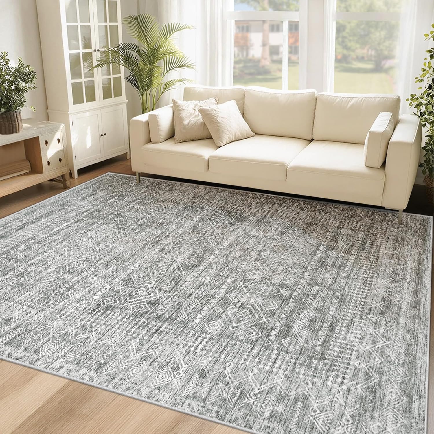 6x9 Area Rugs for Living Room: Washable Moroccan Geometric Boho Rug Farmhouse Non Slip Stain Resistant Large Rug Low Pile Soft Carpet for Bedroom Dining Room Home Office Children Room (Grey,6'x9')
