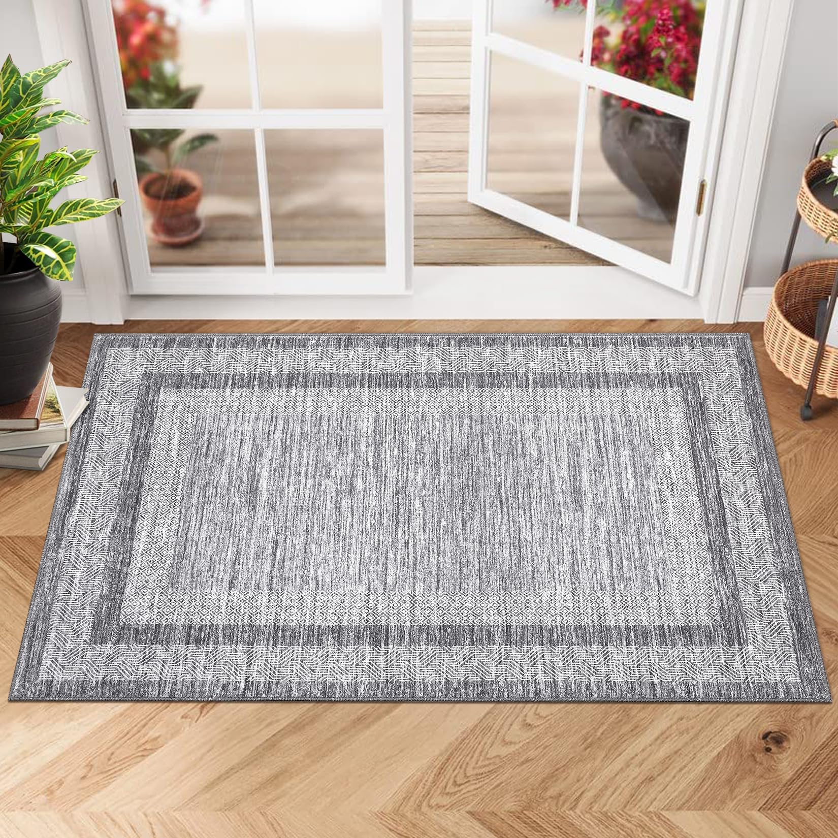 GarveeHome Modern Geometric Area Rug 5x7 Distressed Bordered Rug Washable Non Slip Floor Carpet Non Shedding Thin Rug, Soft Low Pile Rug, Contemporary Brown Rug for Dining Room, Living Room