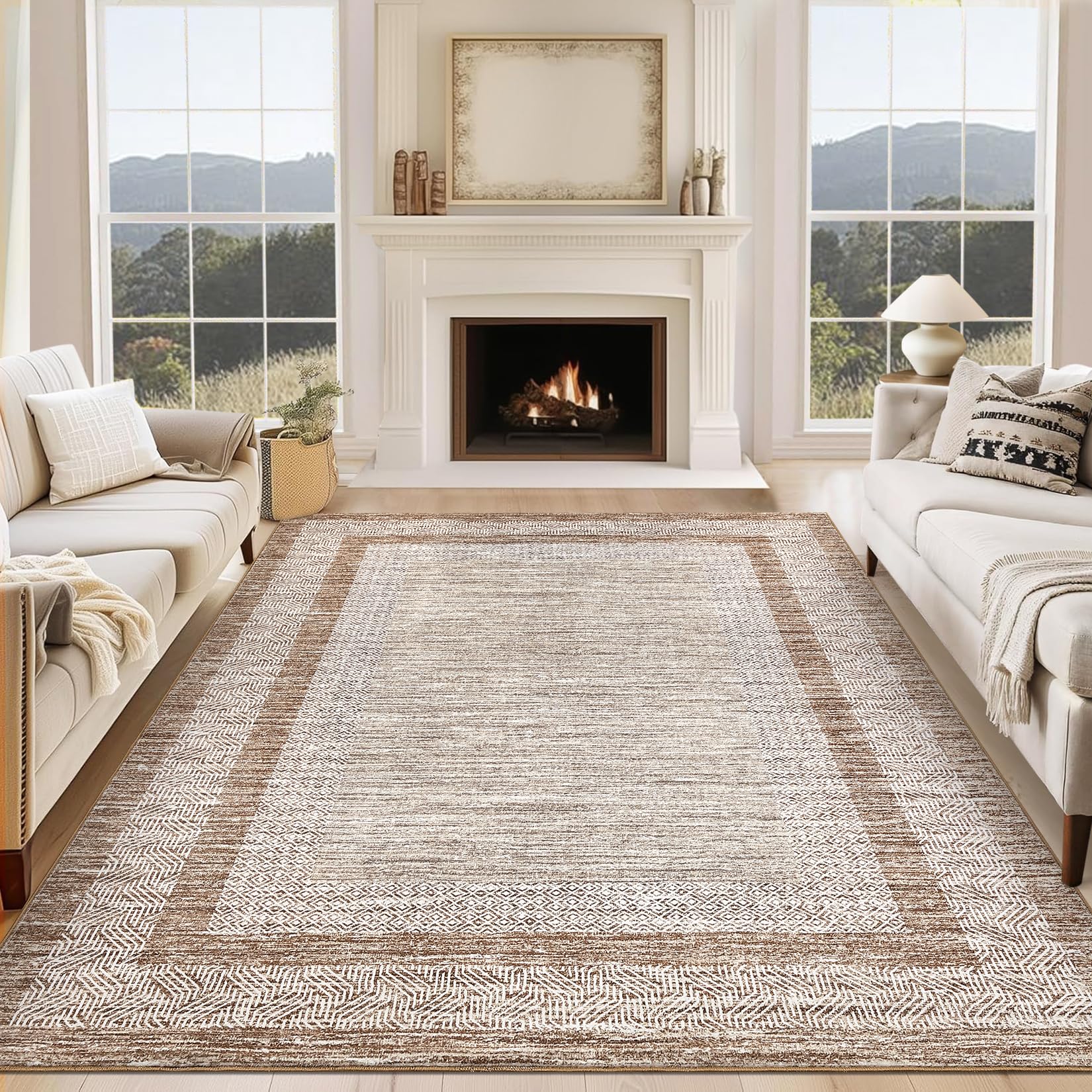 GarveeHome Modern Geometric Area Rug 5x7 Distressed Bordered Rug Washable Non Slip Floor Carpet Non Shedding Thin Rug, Soft Low Pile Rug, Contemporary Brown Rug for Dining Room, Living Room
