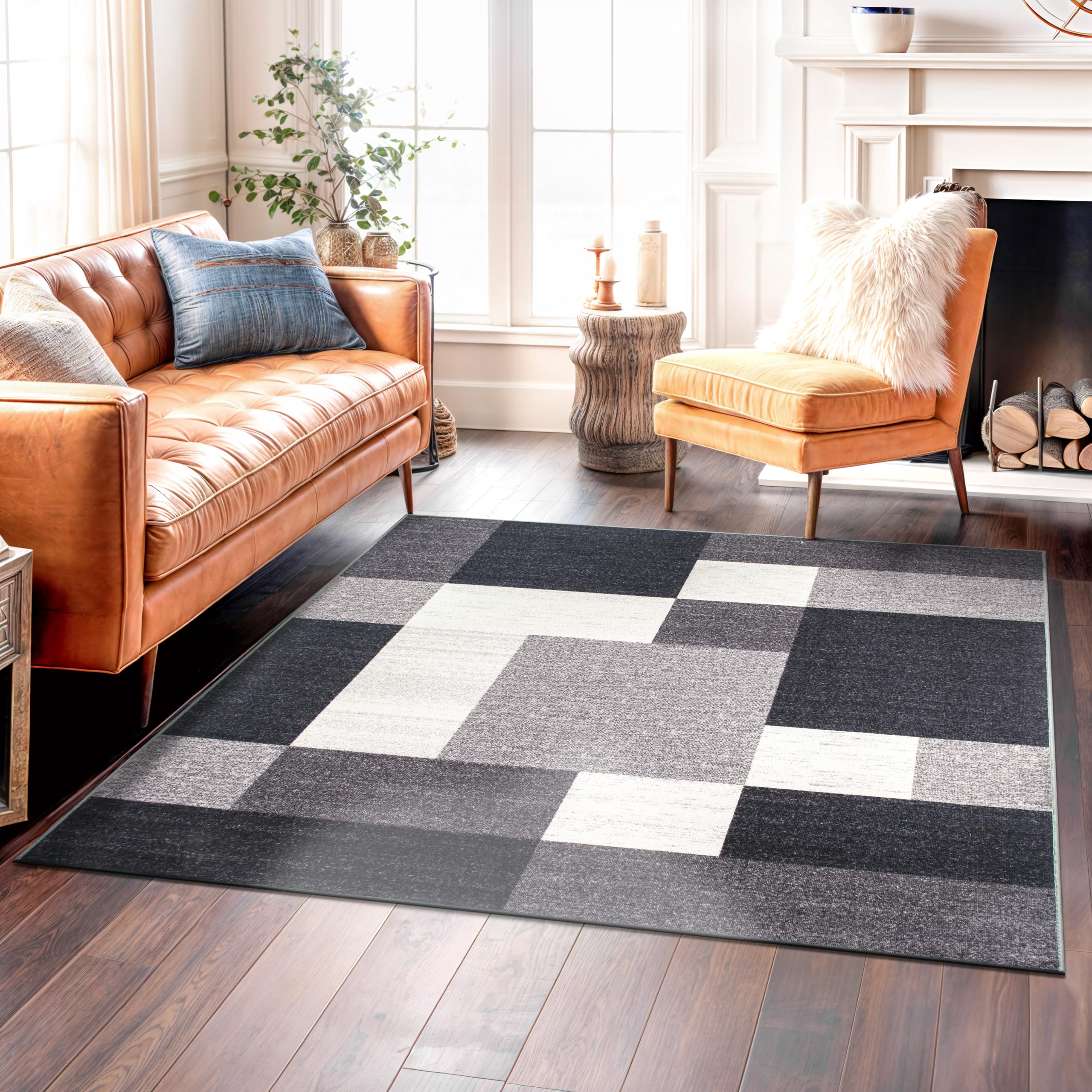 Rugshop Contemporary Blue Geometric Boxes Non-Slip Area Rug Non-Shedding for Living Room, Dining Room and Office, 5'3" x 7'3"