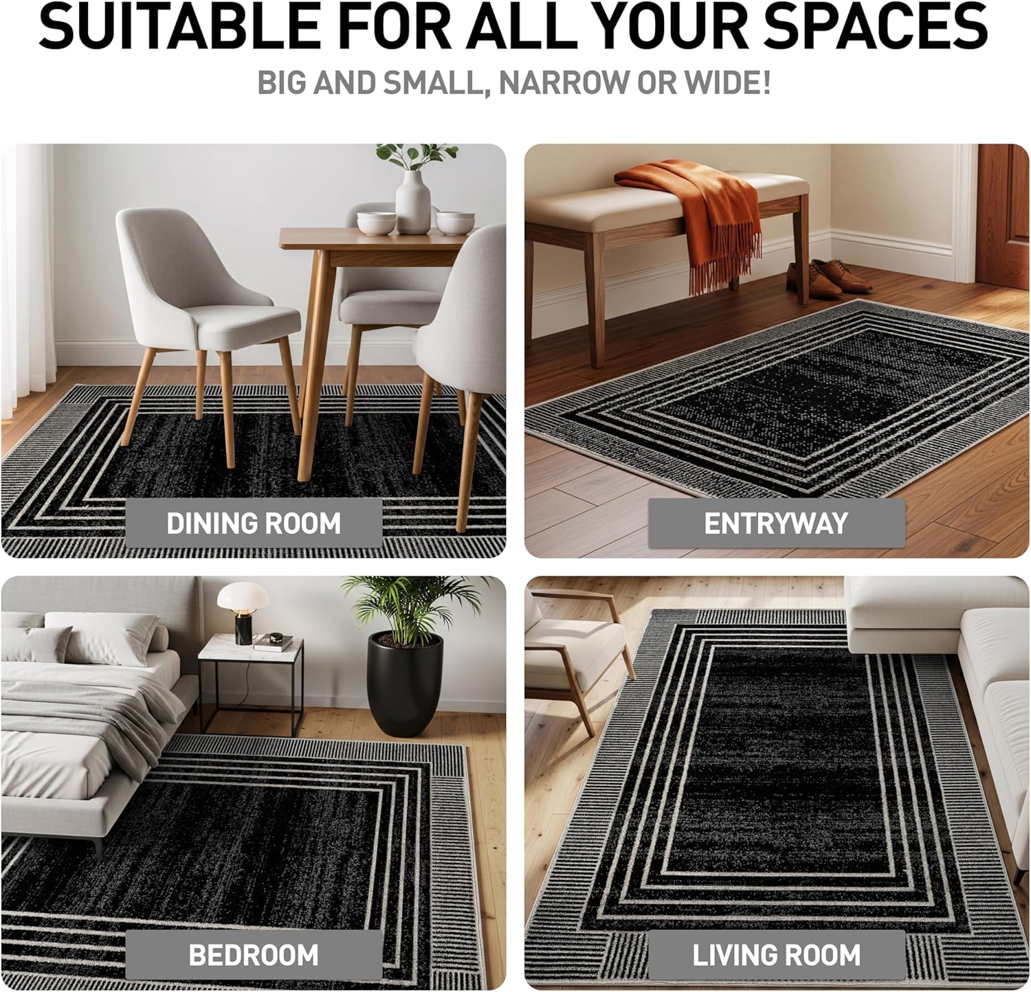 Rugshop Contemporary Geometric Bordered Indoor Area Rug for Living Room,Bedroom,Kitchen Rug Low Pile Rug with Jute Backing 5' x 7' Black