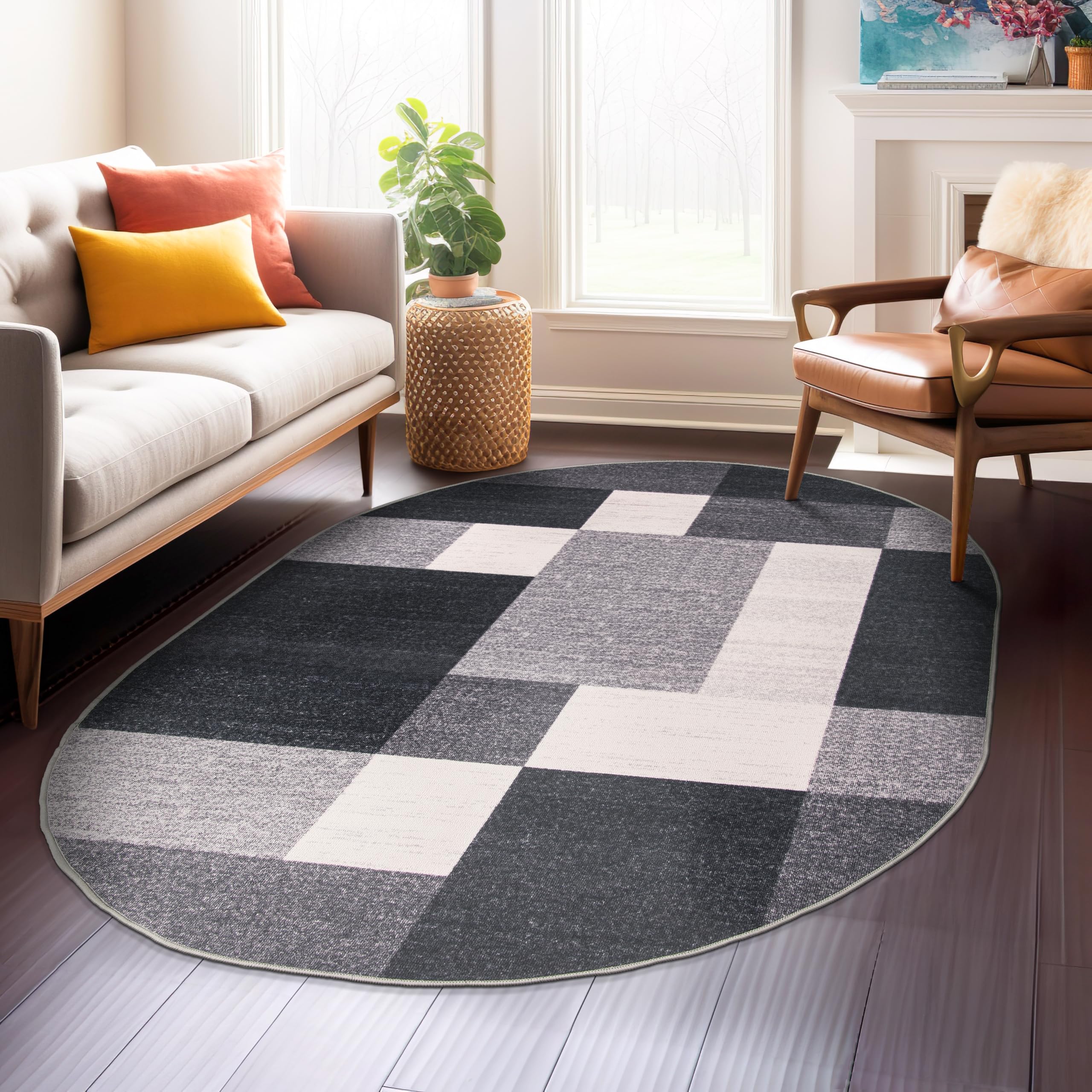 Rugshop Contemporary Blue Geometric Boxes Non-Slip Area Rug Non-Shedding for Living Room, Dining Room and Office, 5'3" x 7'3"