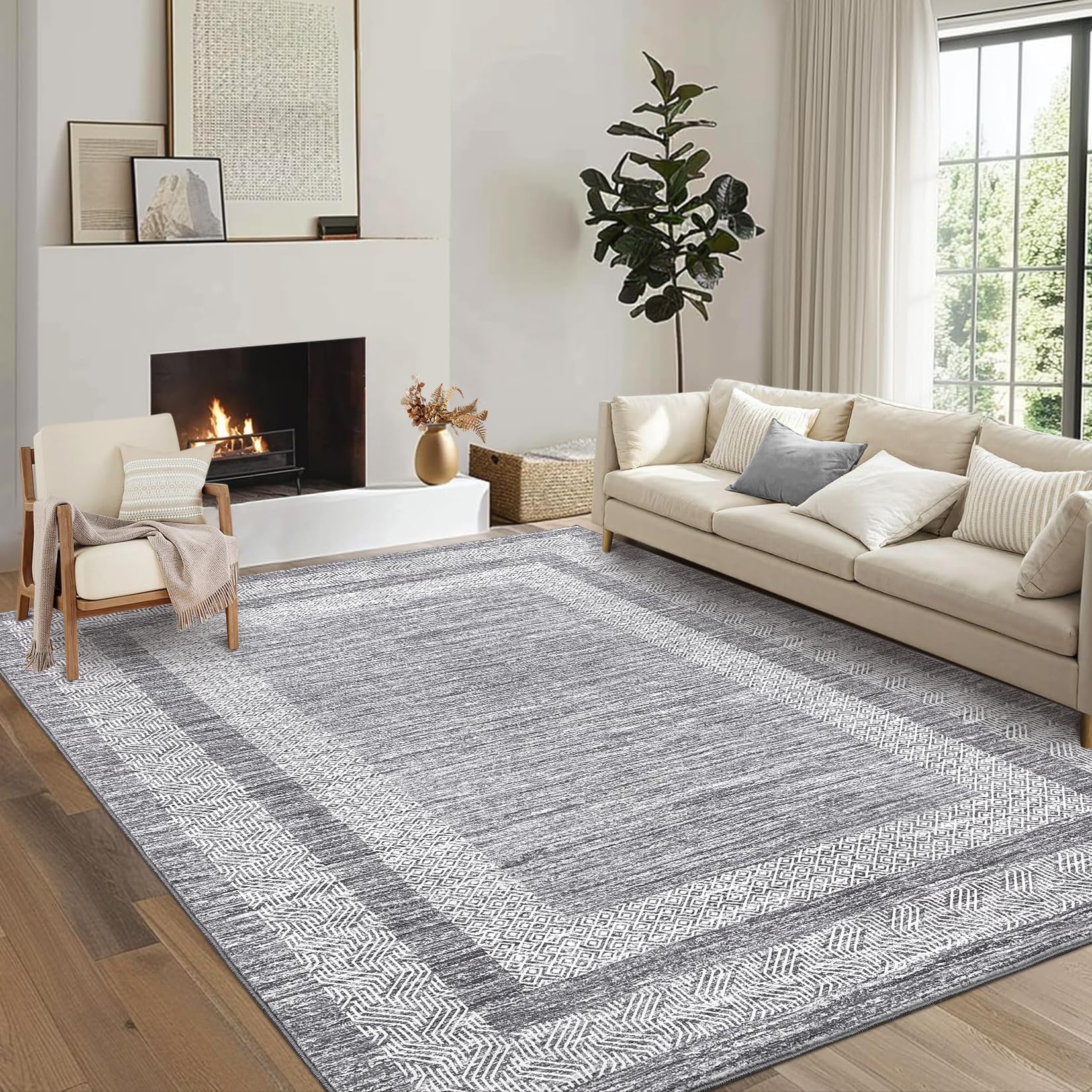 GarveeHome Modern Geometric Area Rug 5x7 Distressed Bordered Rug Washable Non Slip Floor Carpet Non Shedding Thin Rug, Soft Low Pile Rug, Contemporary Brown Rug for Dining Room, Living Room