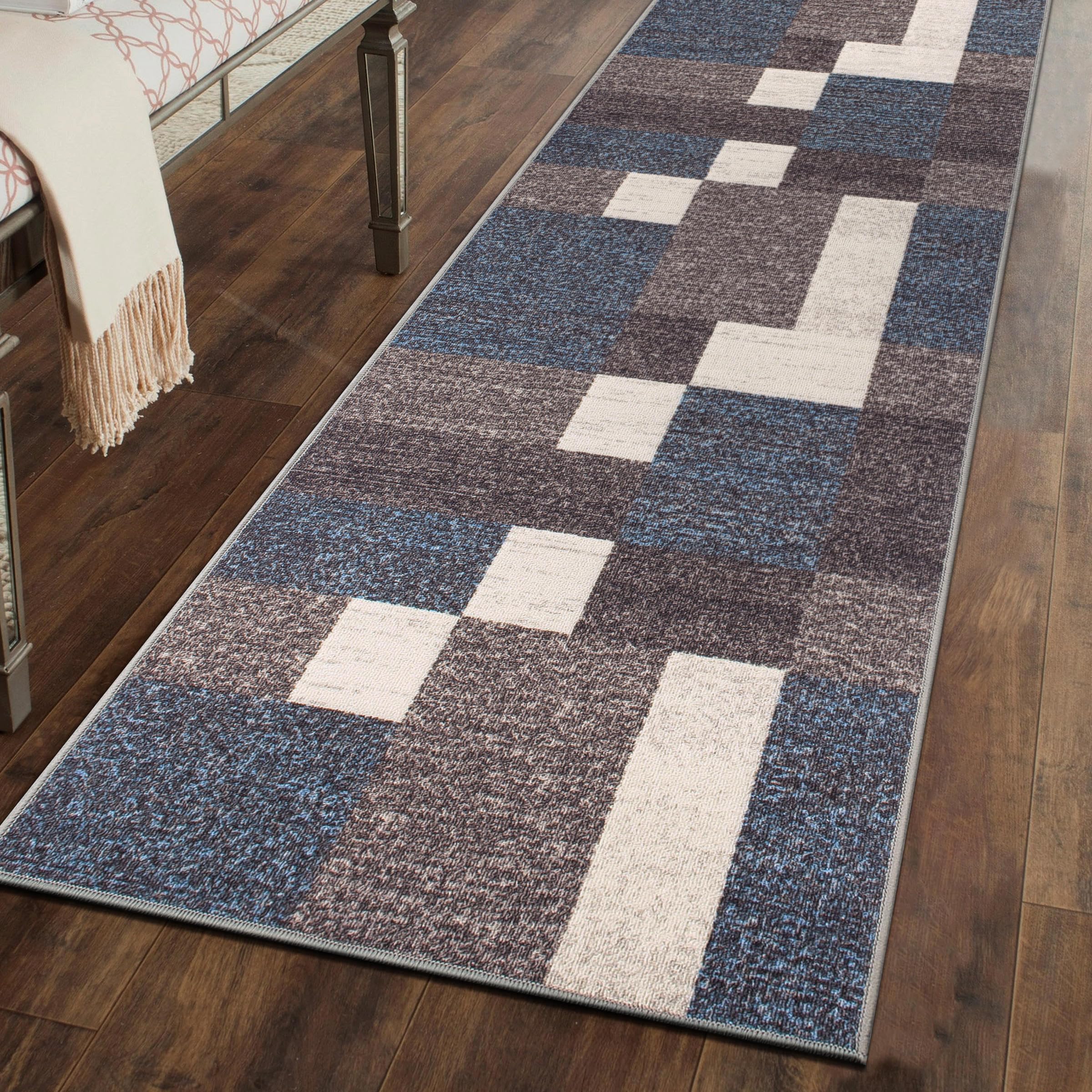 Rugshop Contemporary Blue Geometric Boxes Non-Slip Area Rug Non-Shedding for Living Room, Dining Room and Office, 5'3" x 7'3"